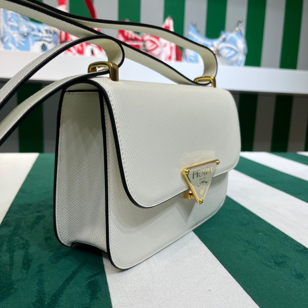 [True-to-ORIGINAL] Pra*a Emblème Saffiano Shoulder Bag In White For Women 8.6 in/22cm – 1BD320_2A4A_F0009_V_UTO