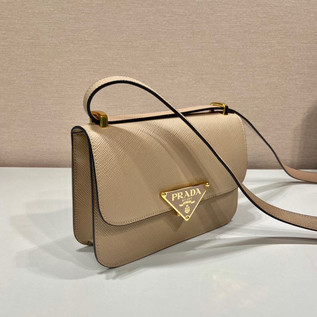 [True-to-ORIGINAL] Pra*a Emblème Saffiano Shoulder Bag In Beige For Women 8.6 in/22cm – 1BD320_2A4A_F0036_V_UTO