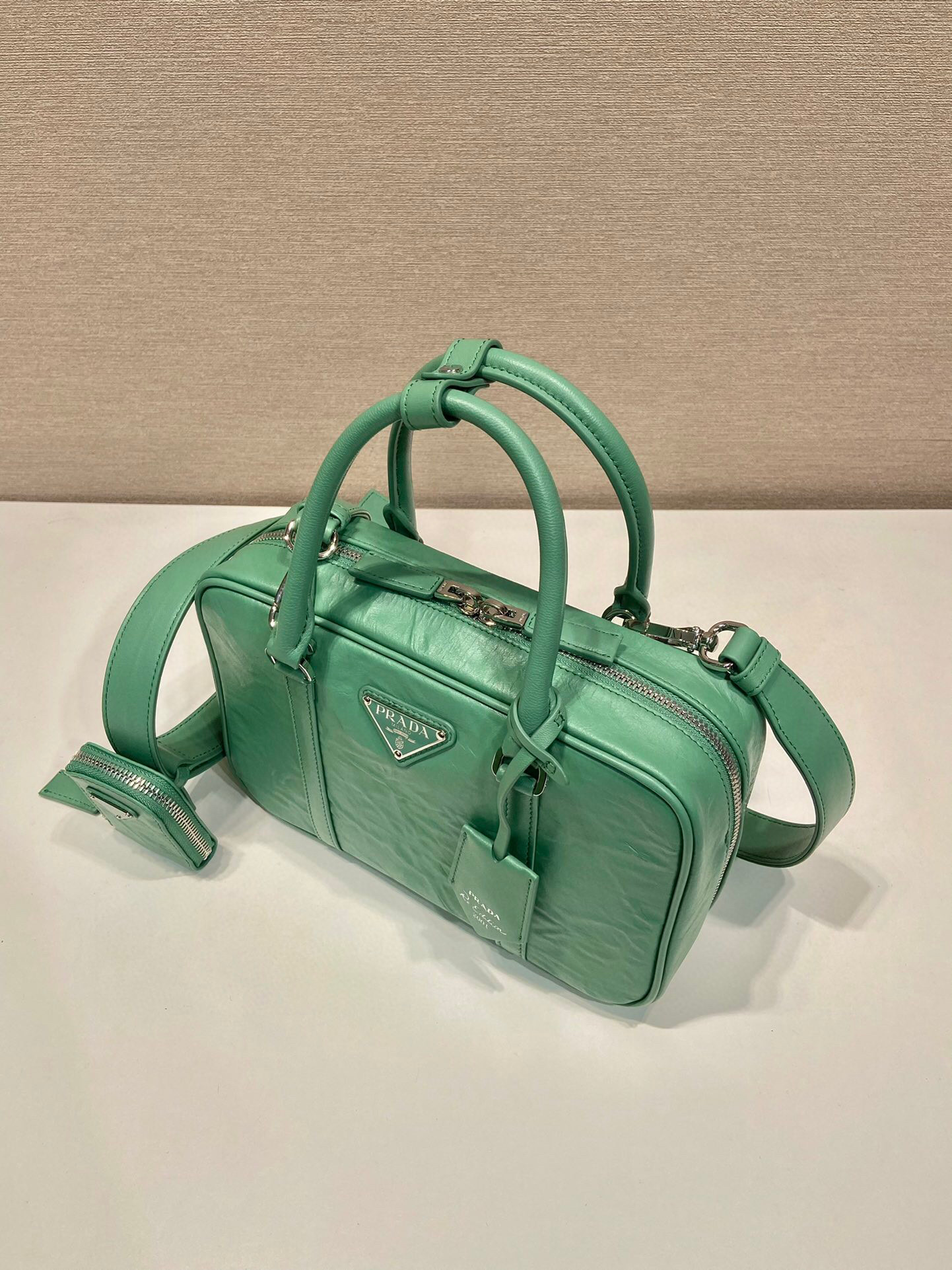 Pra*a Medium Antique Nappa Top Handle Bag In Green/Pink For Women 9.5 in/ 24cm 1BB092_UVL_F0092_V_T2O
