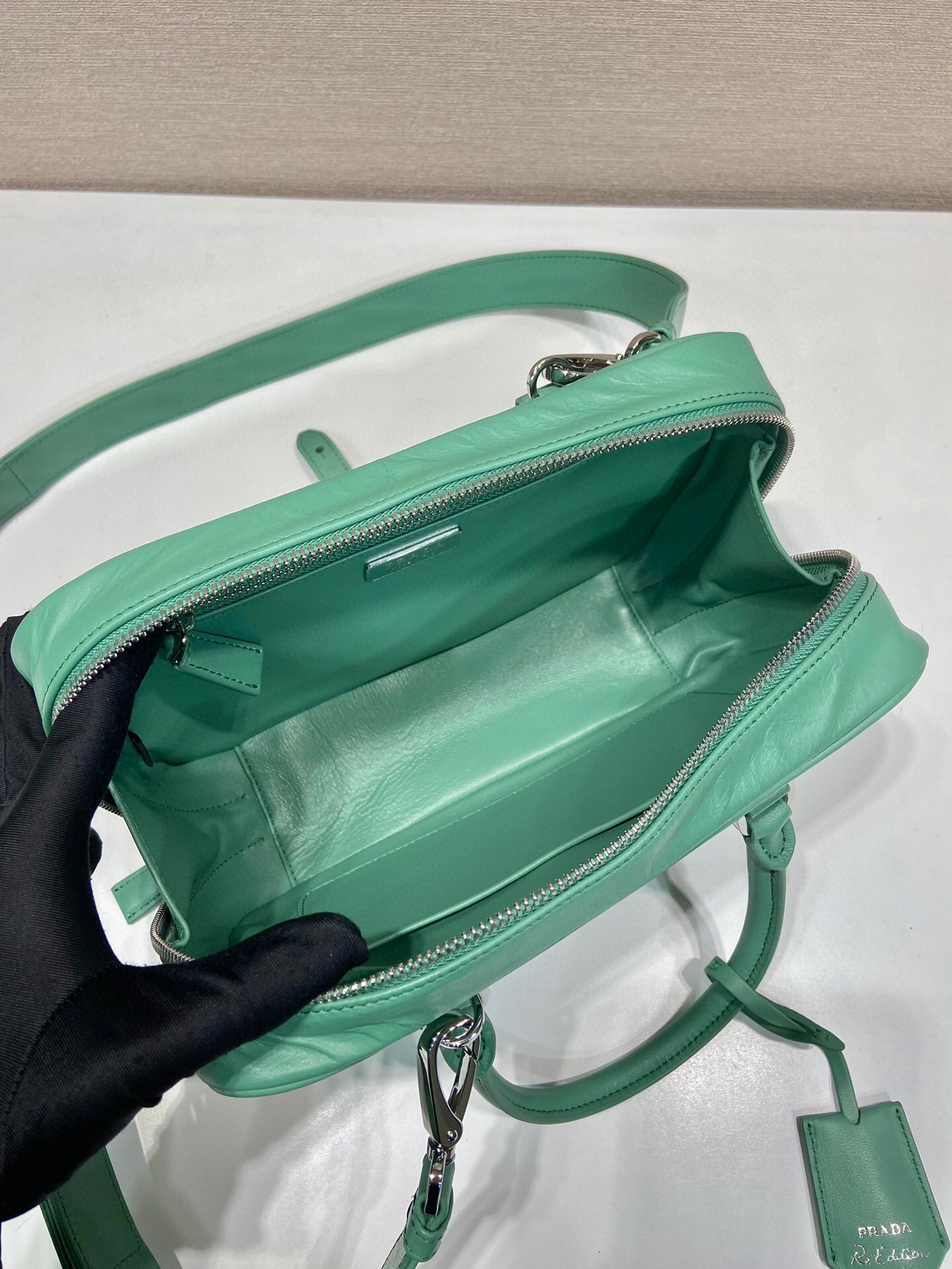 Pra*a Medium Antique Nappa Top Handle Bag In Green/Pink For Women 9.5 in/ 24cm 1BB092_UVL_F0092_V_T2O