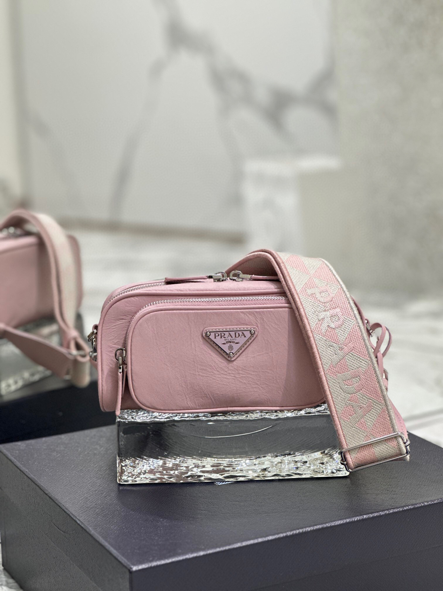 Pra*a Nappa Antique Multi-Pocket Shoulder Bag In Grey/Black/Pink For Women 8.6 in/ 22cm 1BH198_UVL_F0480_V_4OO