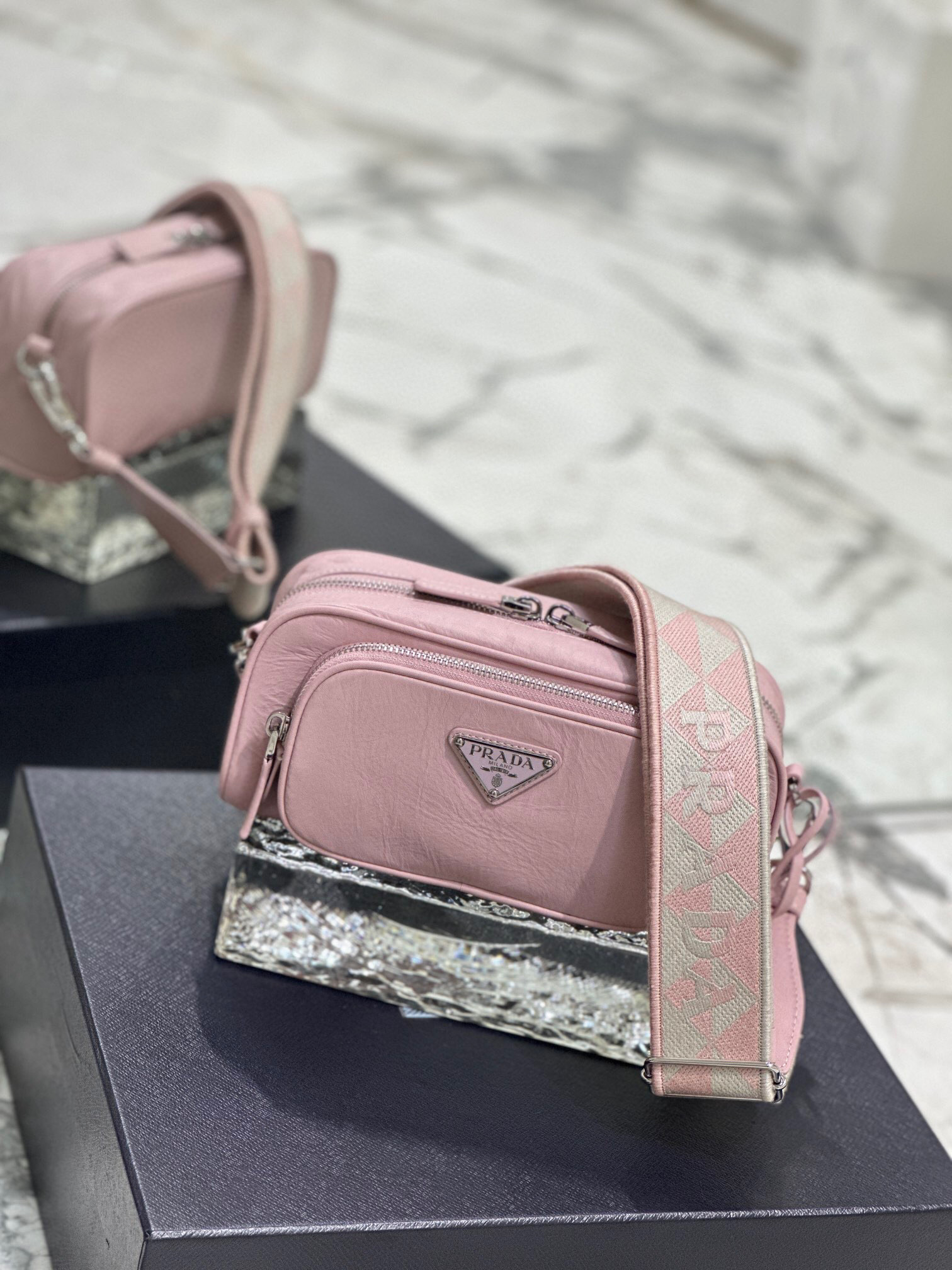 Pra*a Nappa Antique Multi-Pocket Shoulder Bag In Grey/Black/Pink For Women 8.6 in/ 22cm 1BH198_UVL_F0480_V_4OO