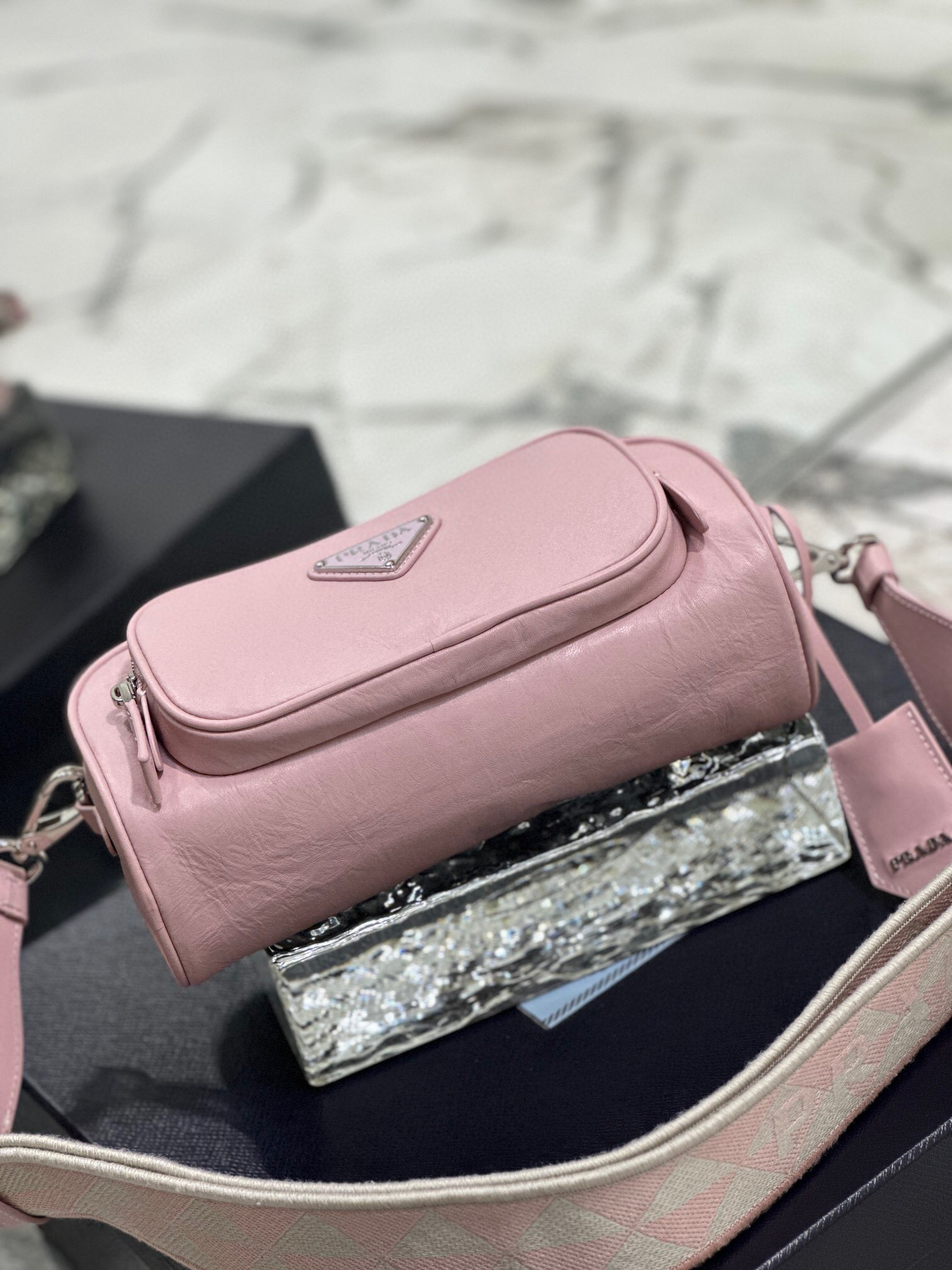 Pra*a Nappa Antique Multi-Pocket Shoulder Bag In Grey/Black/Pink For Women 8.6 in/ 22cm 1BH198_UVL_F0480_V_4OO
