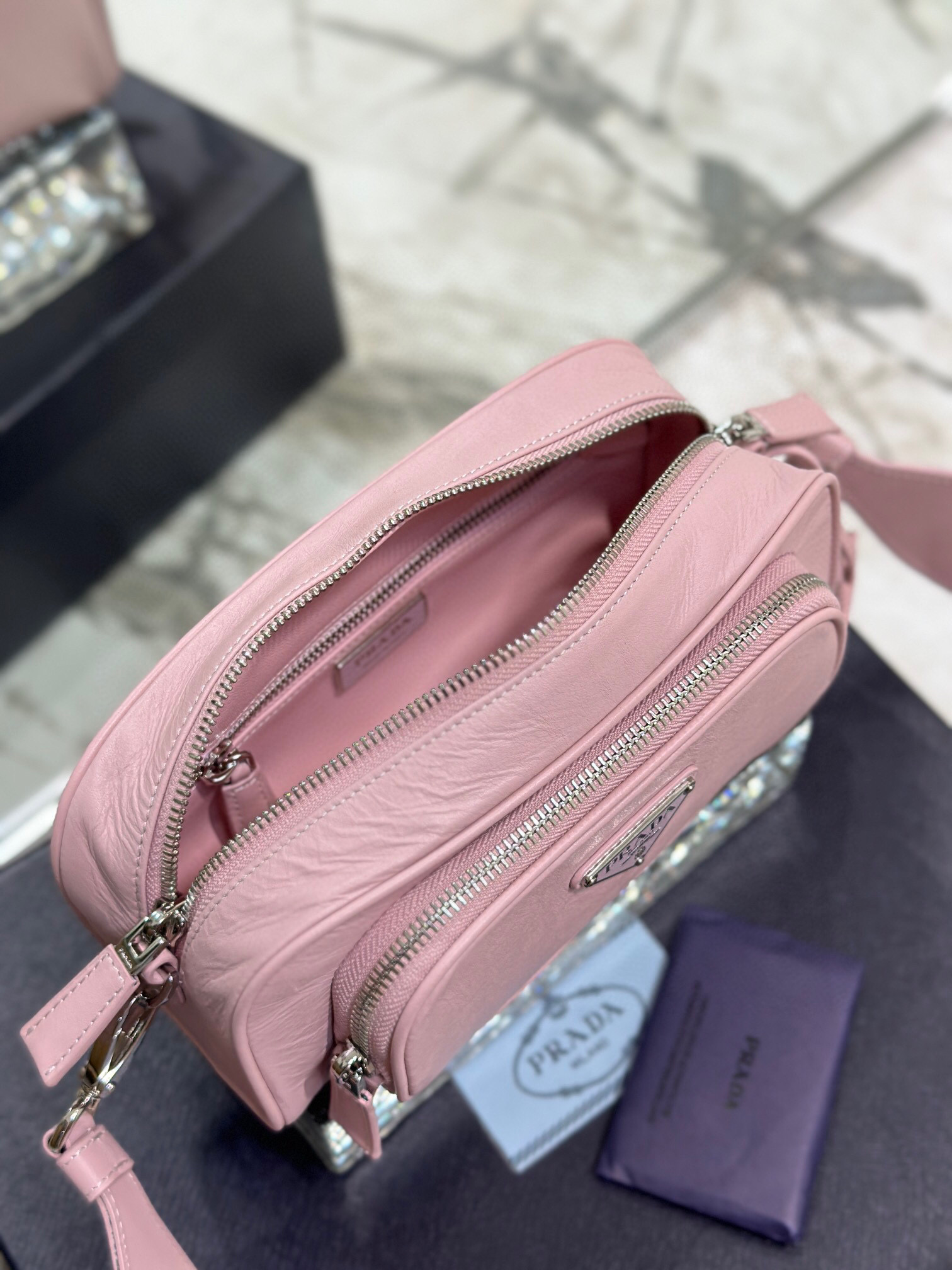 Pra*a Nappa Antique Multi-Pocket Shoulder Bag In Grey/Black/Pink For Women 8.6 in/ 22cm 1BH198_UVL_F0480_V_4OO