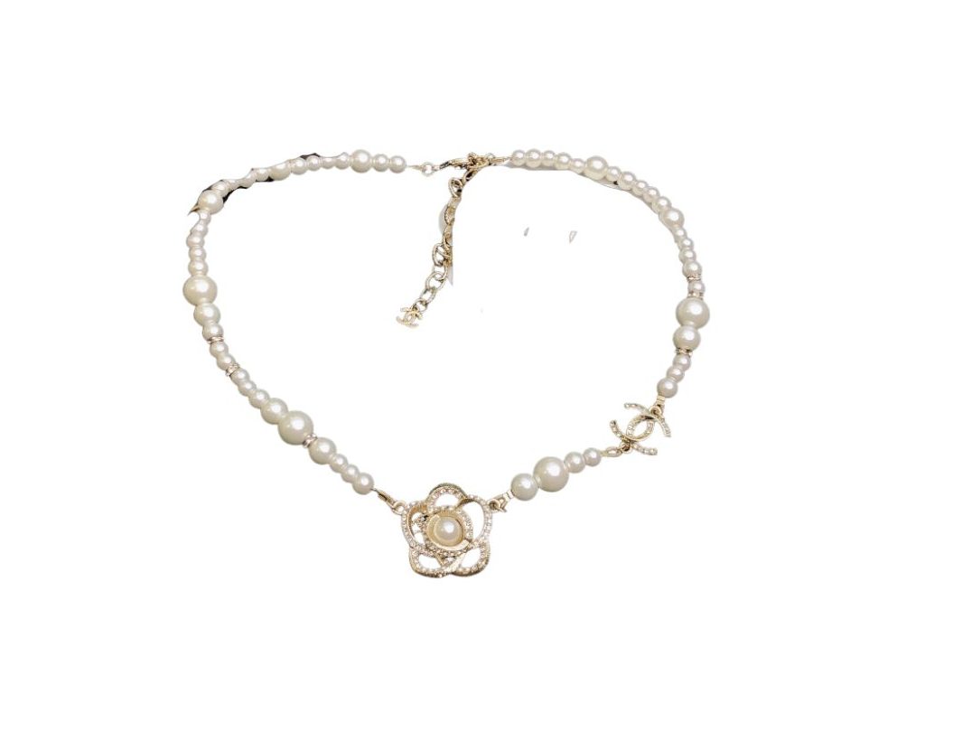 Ch**el Pearl Necklace With Flower Gold Tone For Women