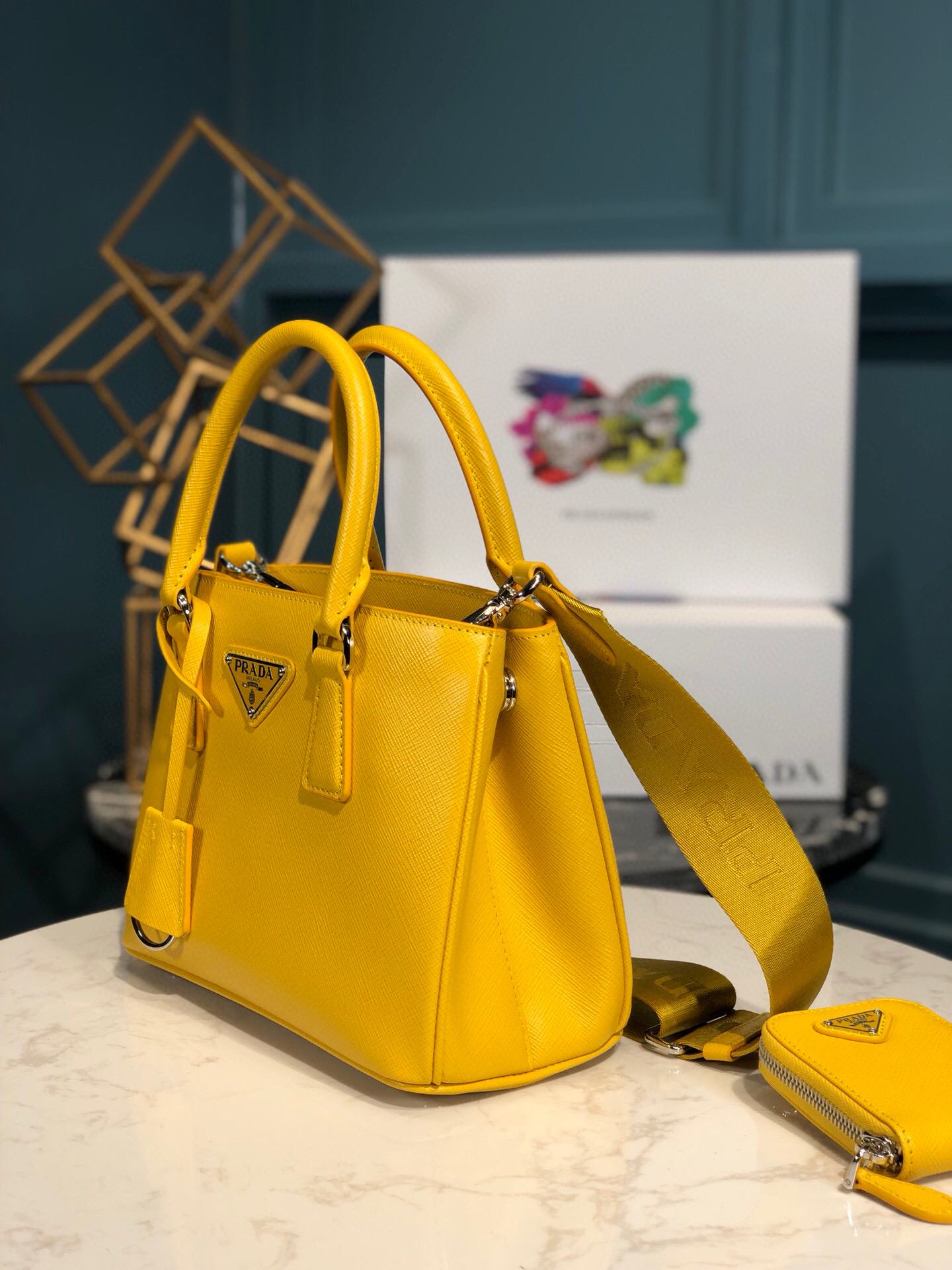 Pra*a Saffiano Lux Galleria In Yellow For Women 9in/ 23cm