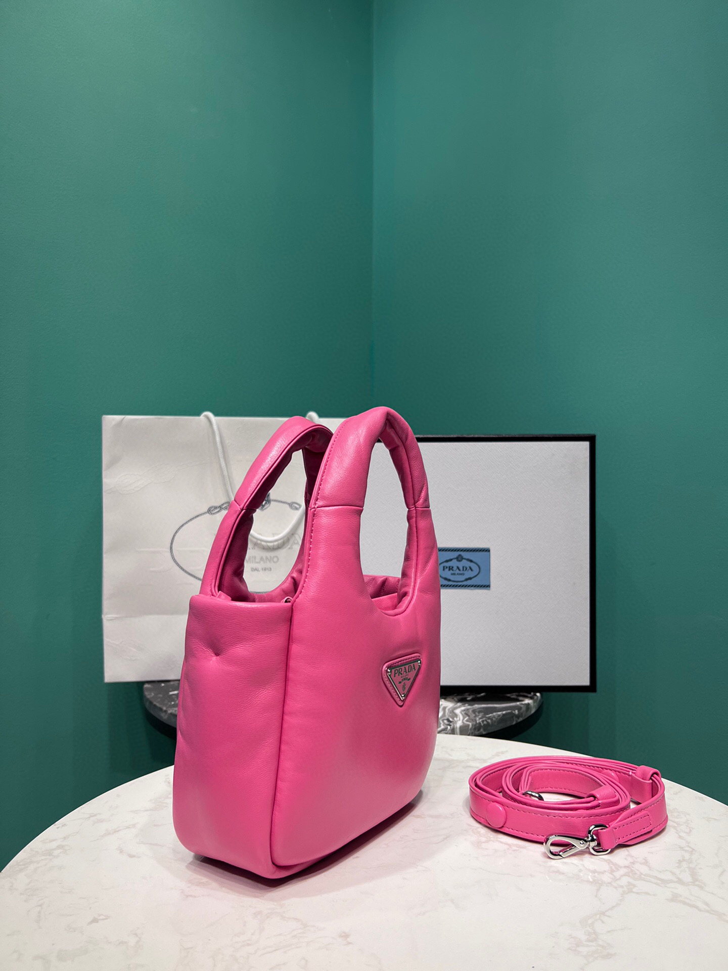 Pra*a Small Padded Pra*a Soft Nappa Bag In Pink For Women 7.1 in/ 18 cm
