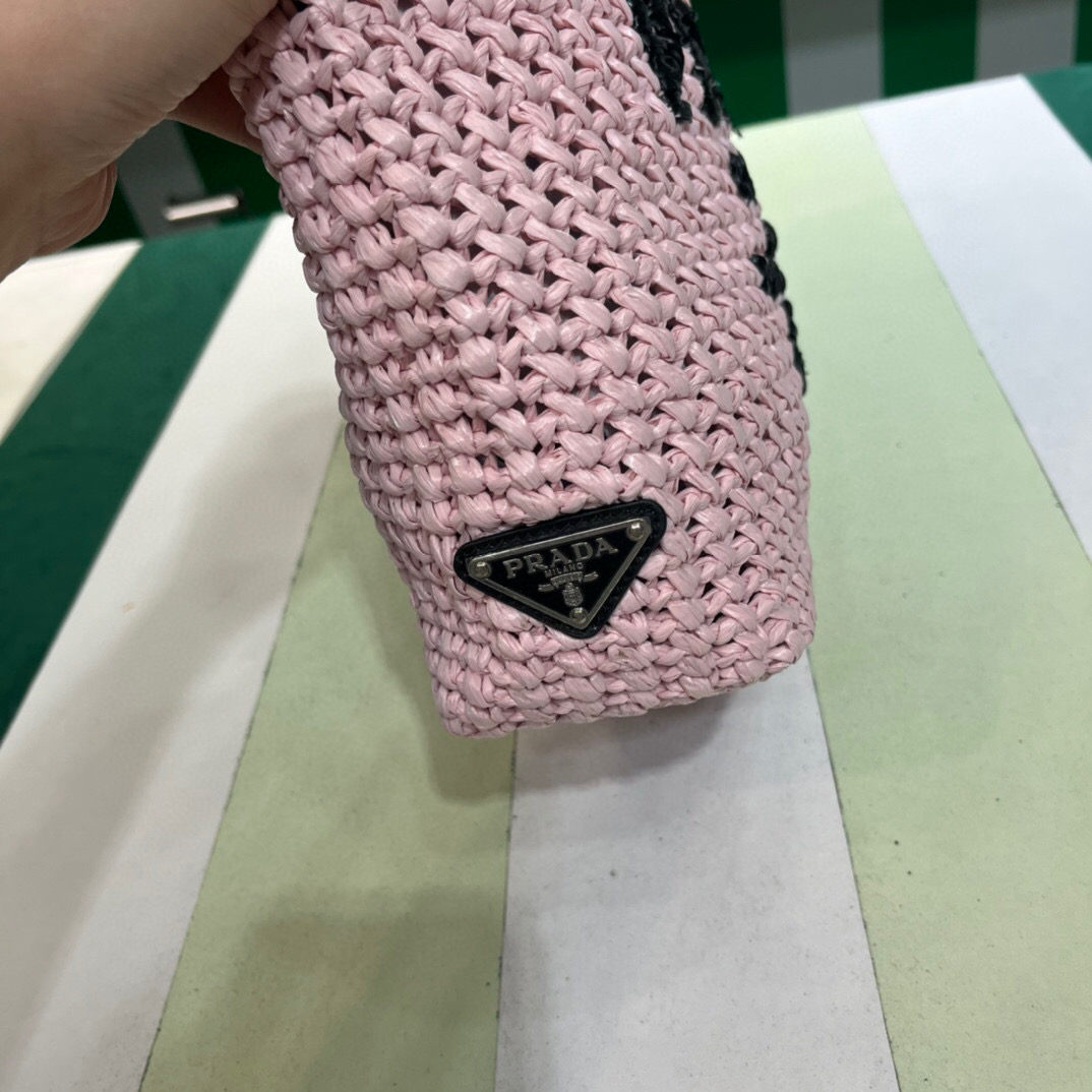 [True-to-ORIGINAL] Pra*a Small Raffia Tote Bag In Pink For Women 9.4 in/24cm 1BG422_2A2T_F0E18_V_OOL