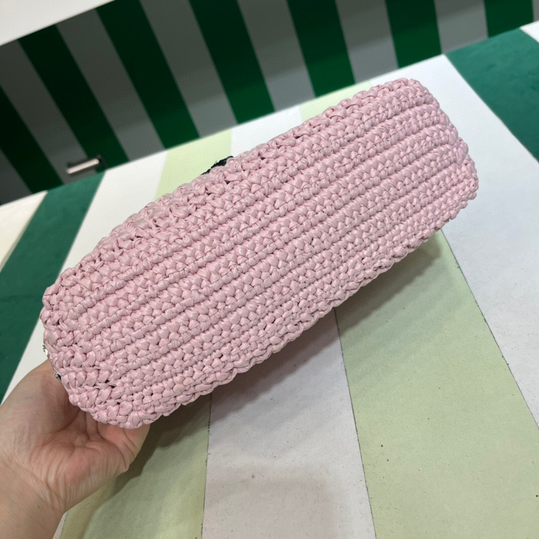 [True-to-ORIGINAL] Pra*a Small Raffia Tote Bag In Pink For Women 9.4 in/24cm 1BG422_2A2T_F0E18_V_OOL