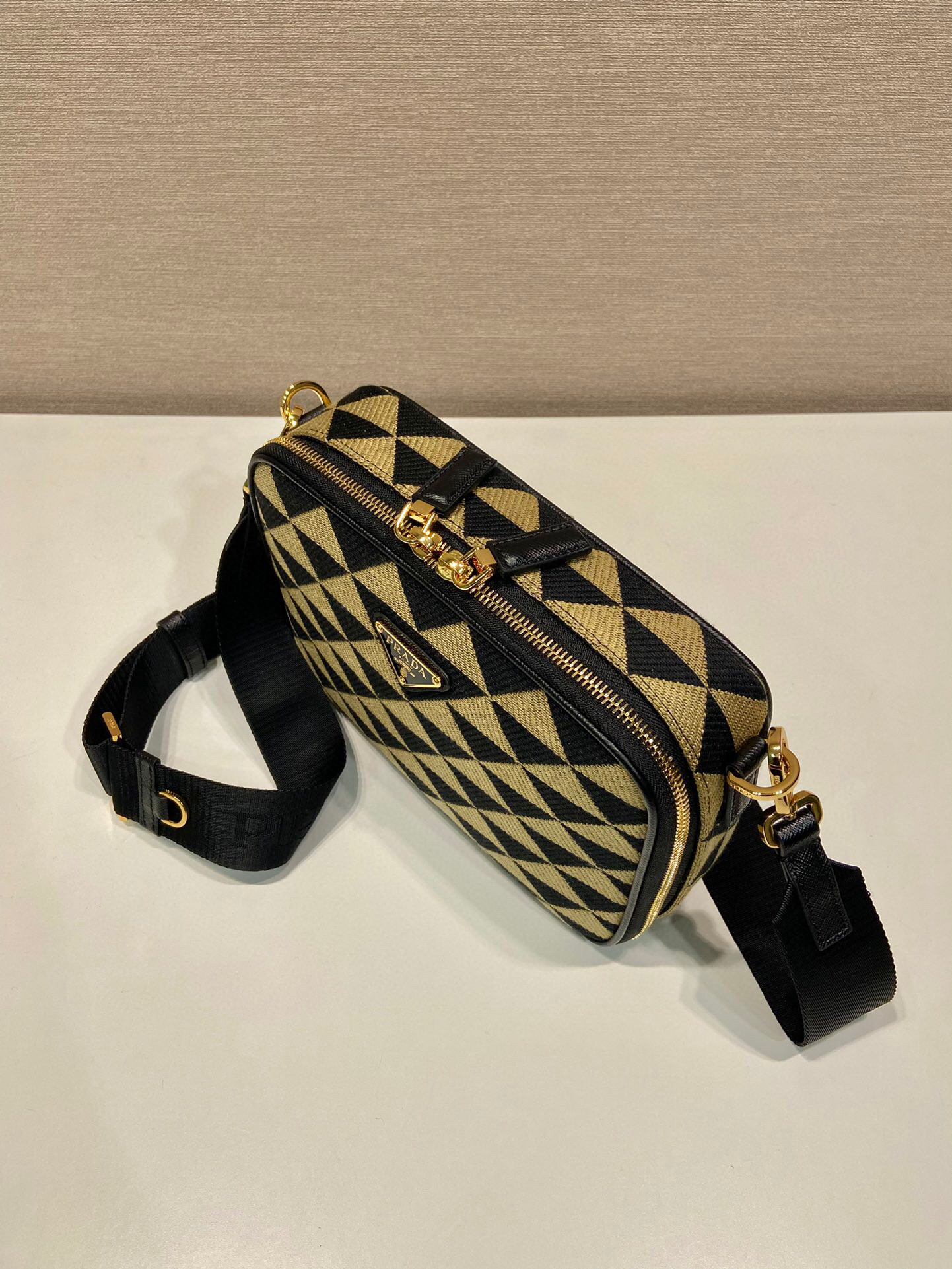 Pra*a Symbole Embroidered Fabric Bag In Beige For Women 8.6 in/ 22 cm 2VH069_2FKL_F0Y30_V_MOF