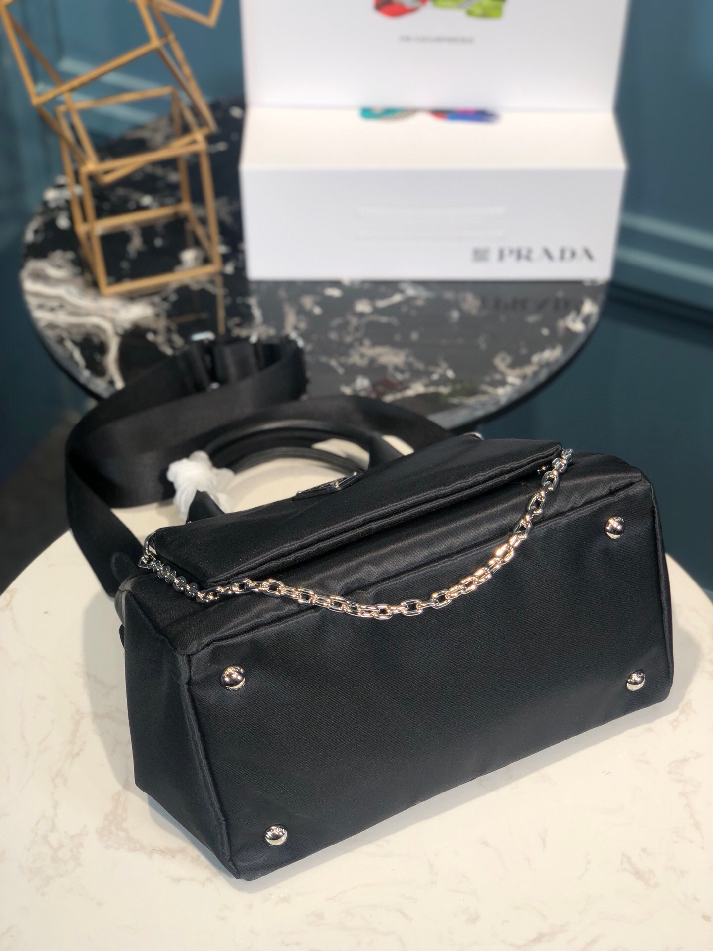 Pra*a Zip Pocket Chain Tote Bag Tessuto In Black For Women 11in/ 28cm