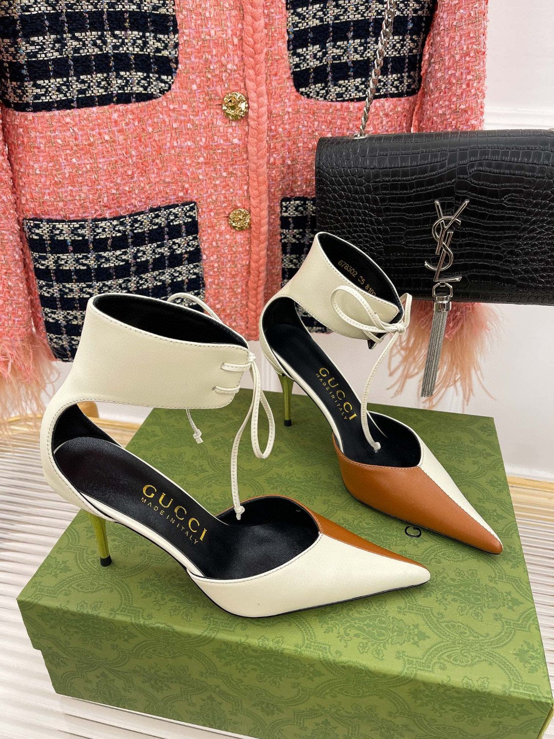 Gvc*1 High Heel Pump With Ankle Cuff White And Brown For Women ‎715146 BKO60 9057
