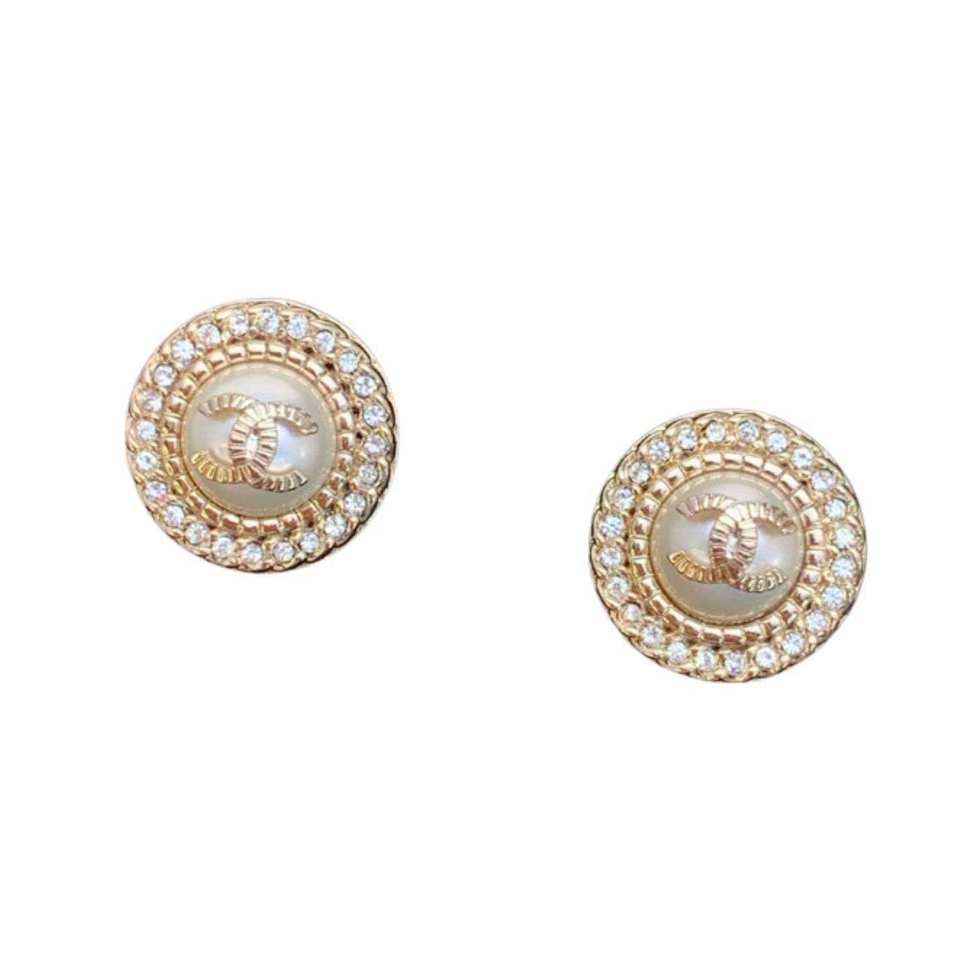 Ch**el Round Pearl Earrings Gold For Women