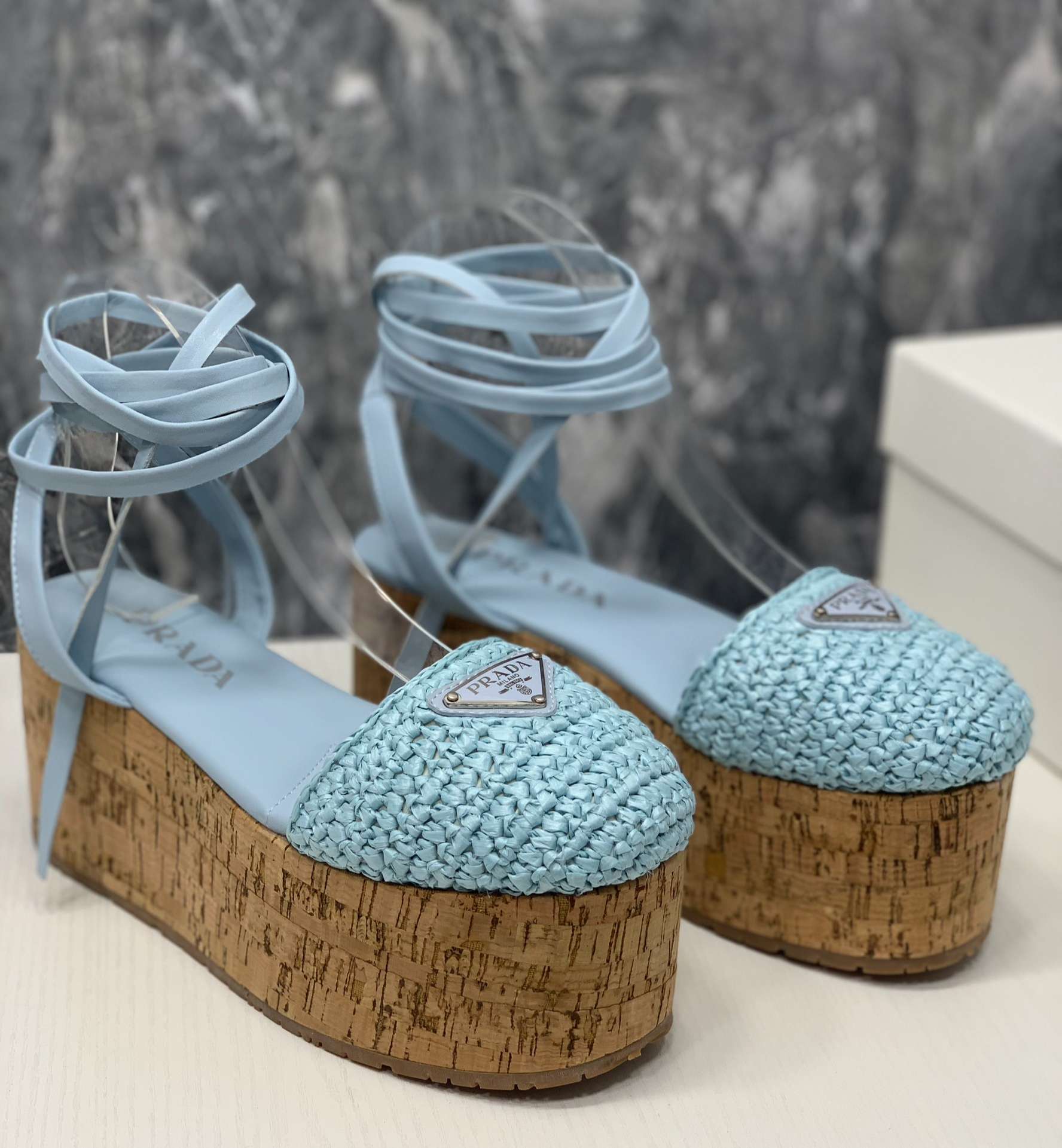 Pra*a Crochet Wedge Sandals Light Blue For Women
