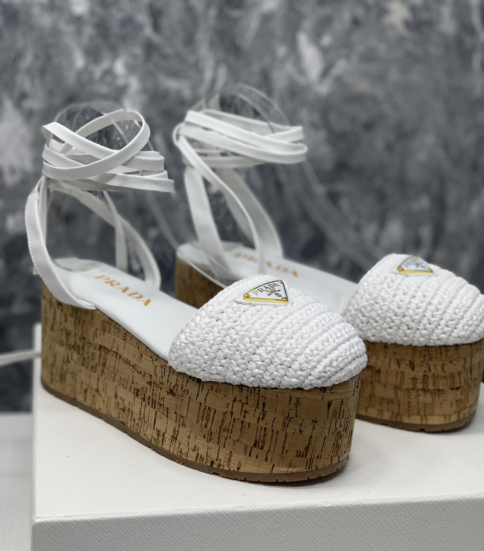 Pra*a Crochet Wedge Sandals White For Women