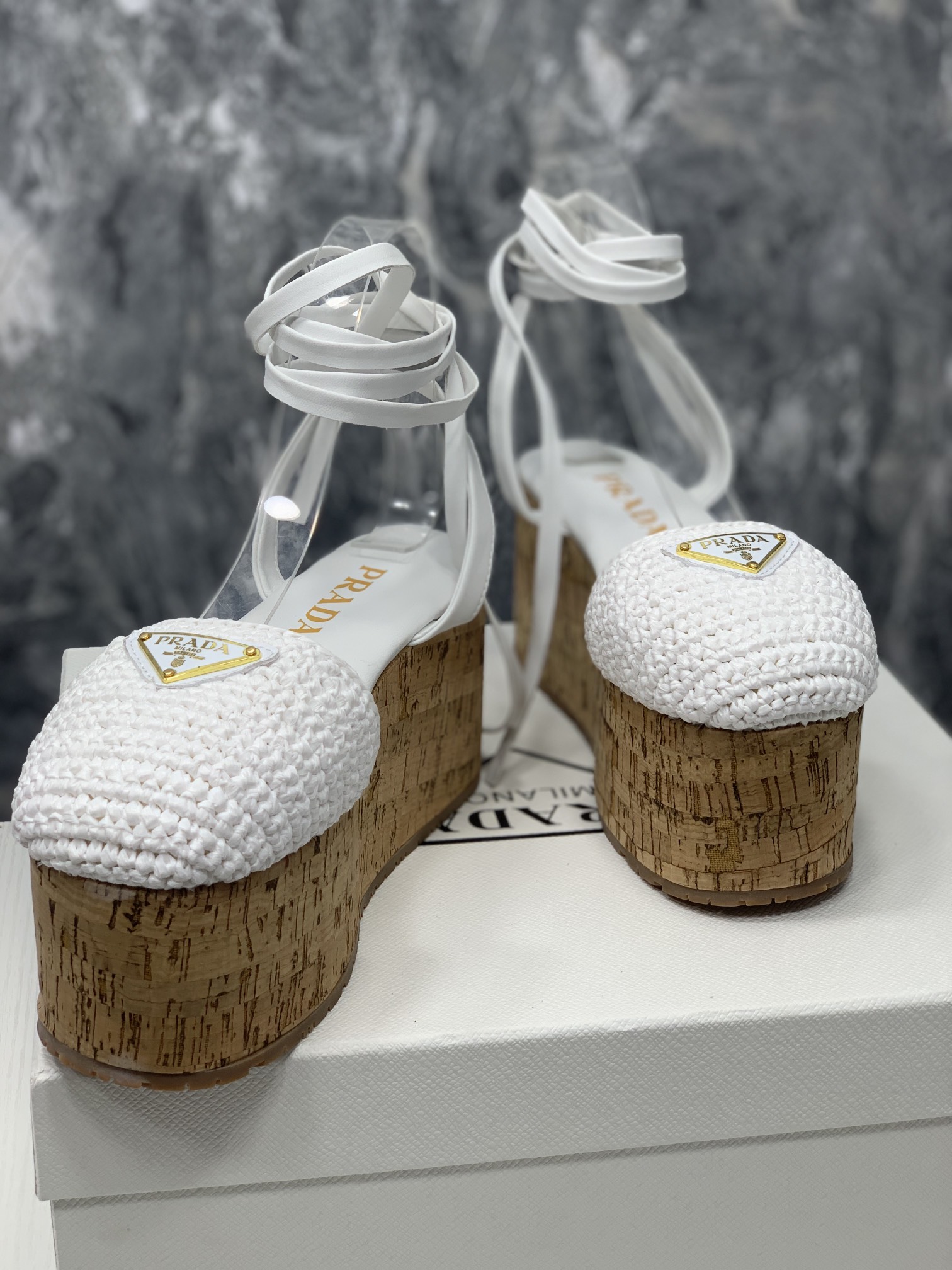 Pra*a Crochet Wedge Sandals White For Women