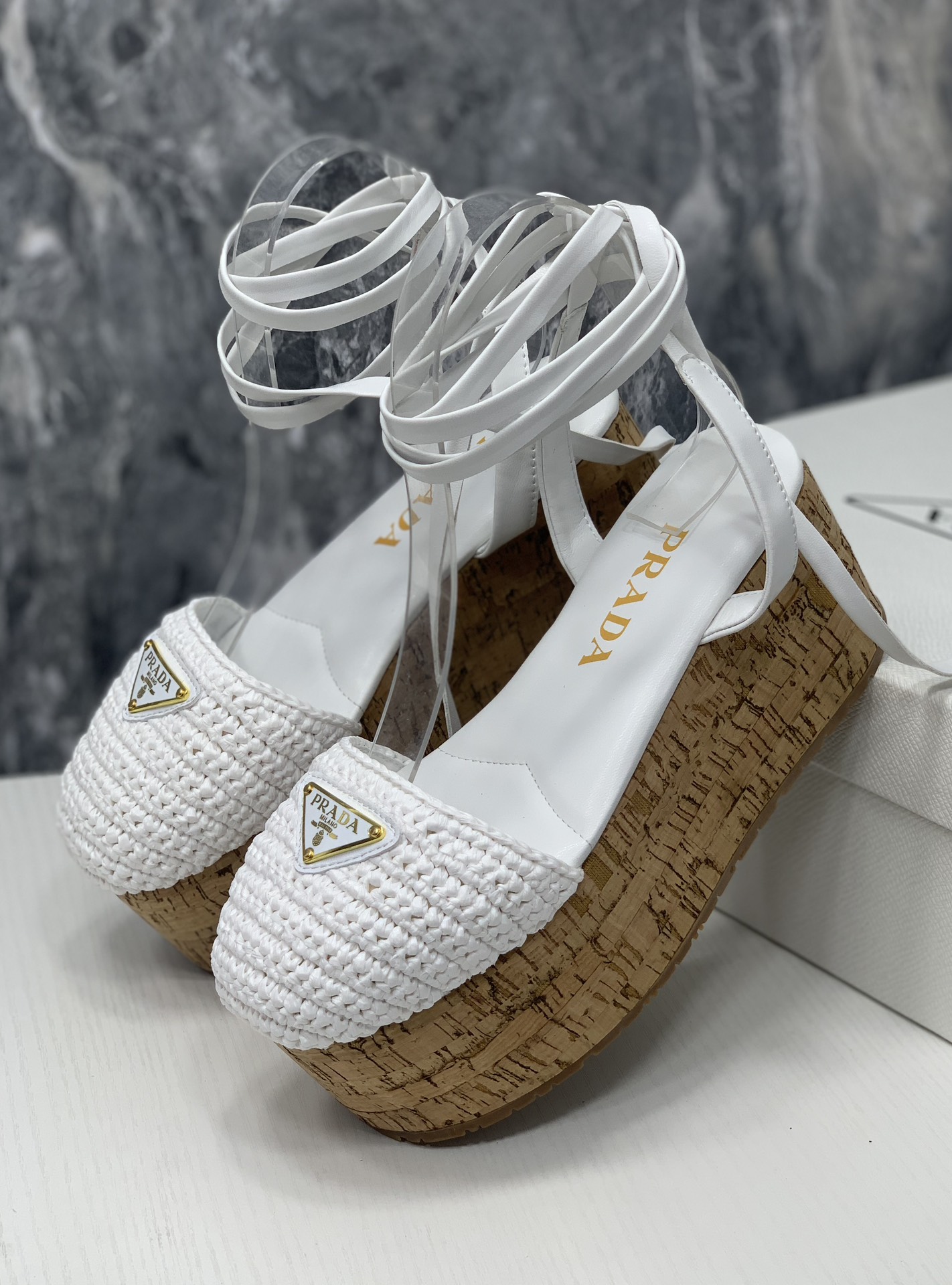 Pra*a Crochet Wedge Sandals White For Women