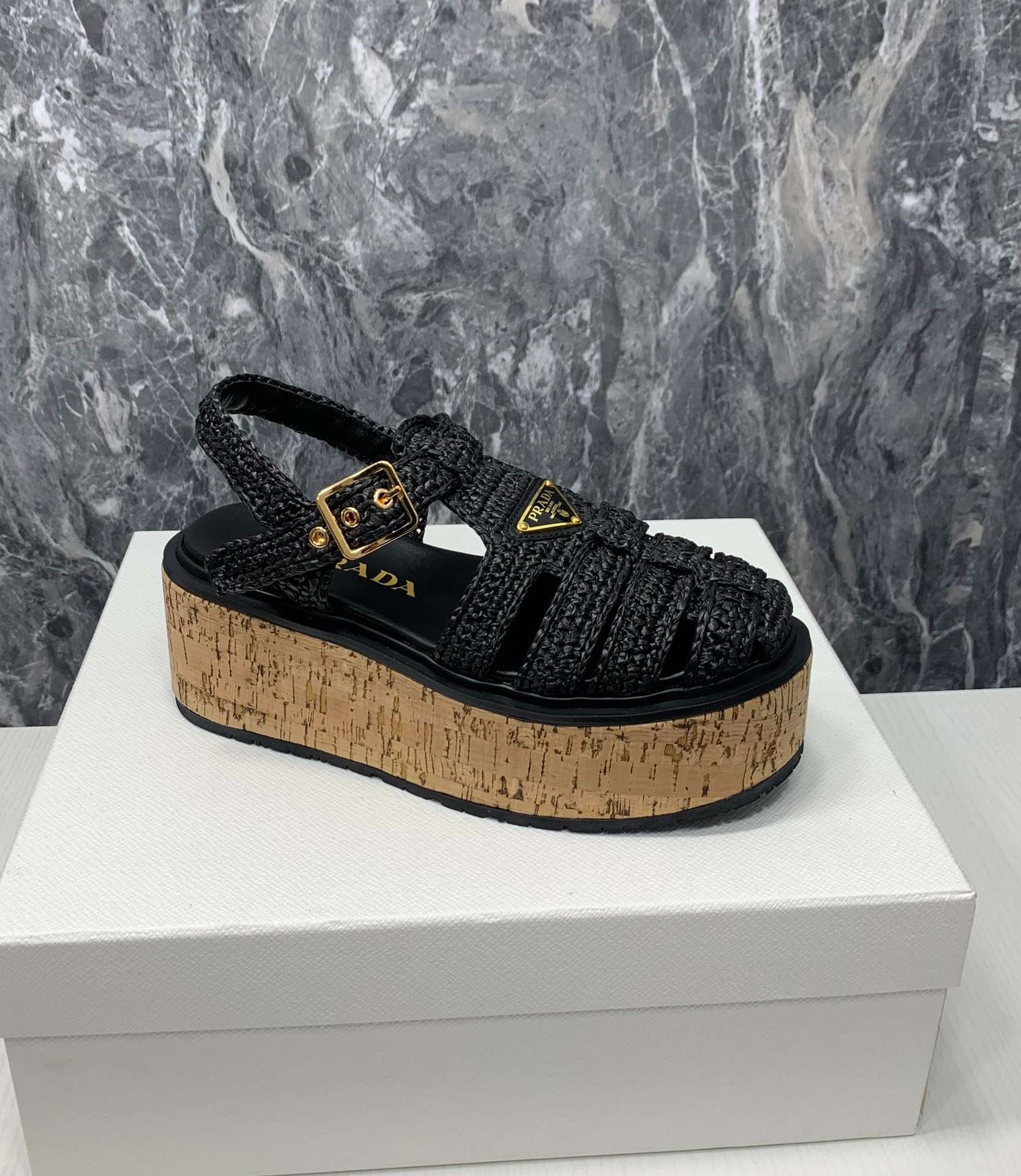 Pra*a Crochet Wedge Sandals Black For Women