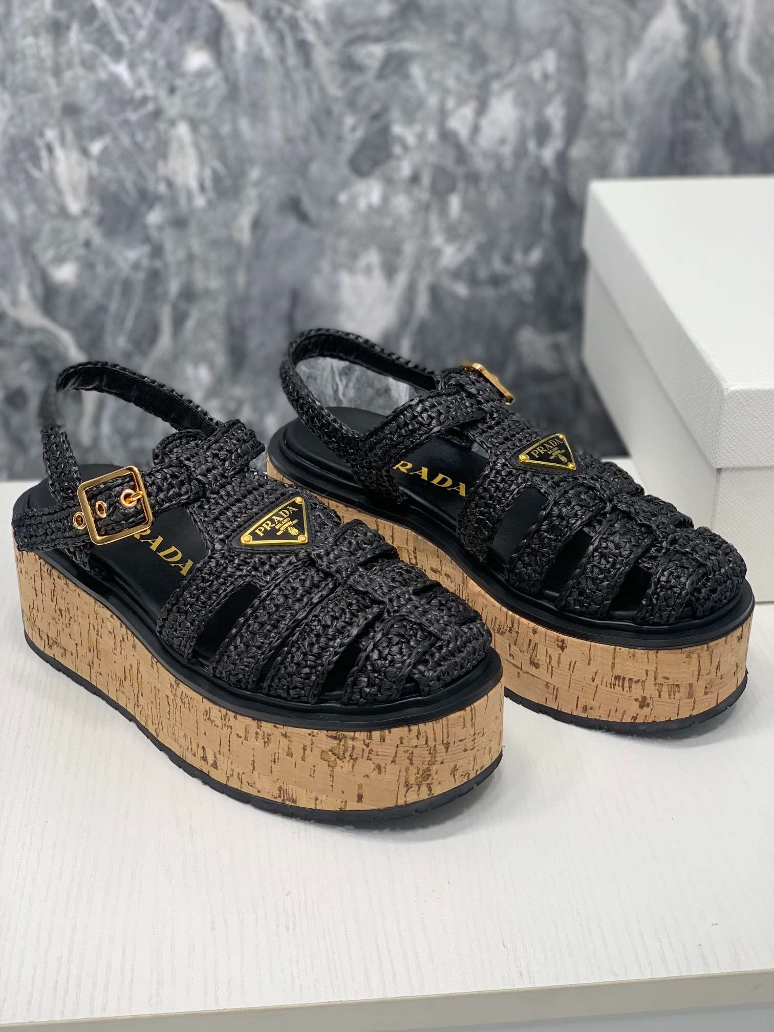 Pra*a Crochet Wedge Sandals Black For Women