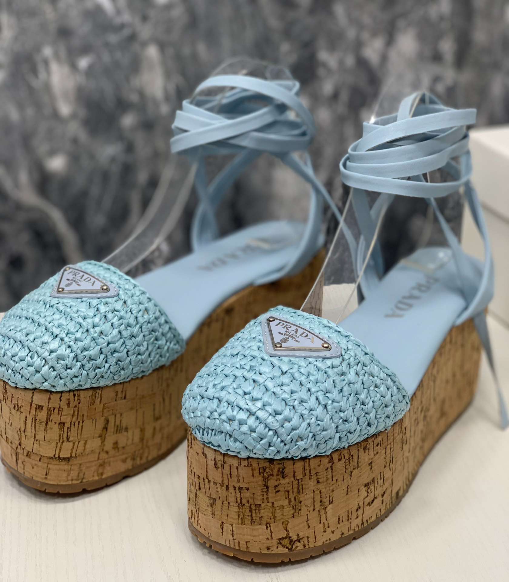 Pra*a Crochet Wedge Sandals Light Blue For Women