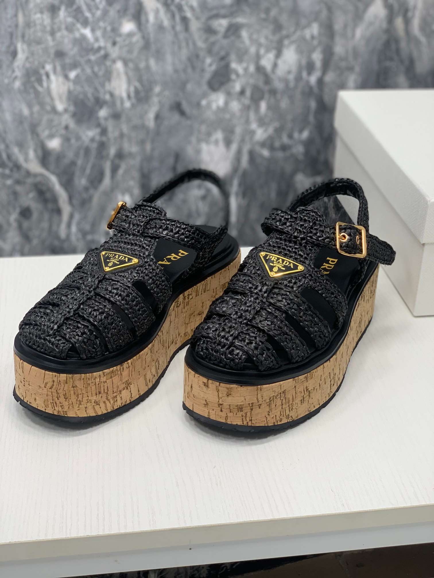 Pra*a Crochet Wedge Sandals Black For Women