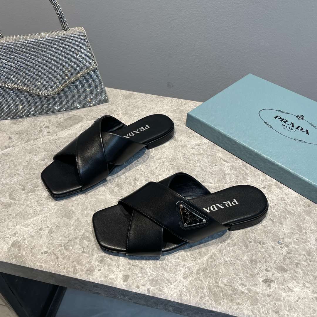 Pra*a Cross Straps Slides Black For Women