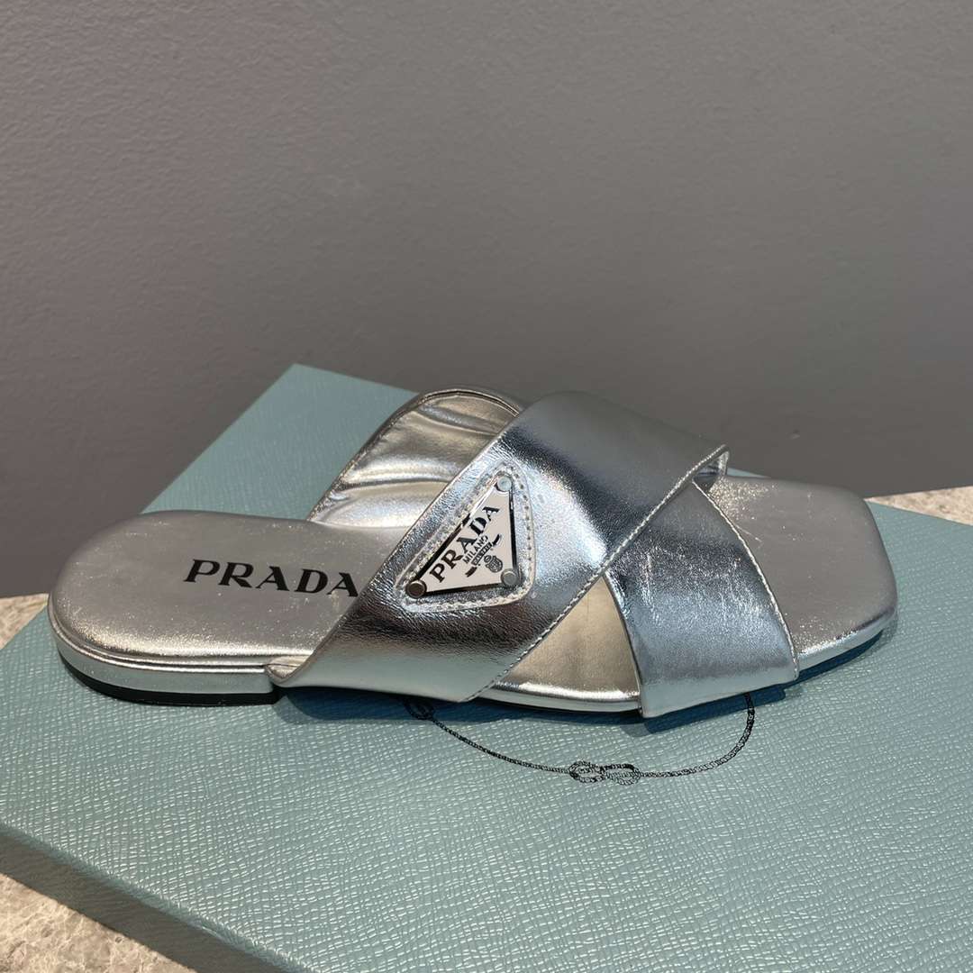 Pra*a Cross Straps Slides Silver For Women