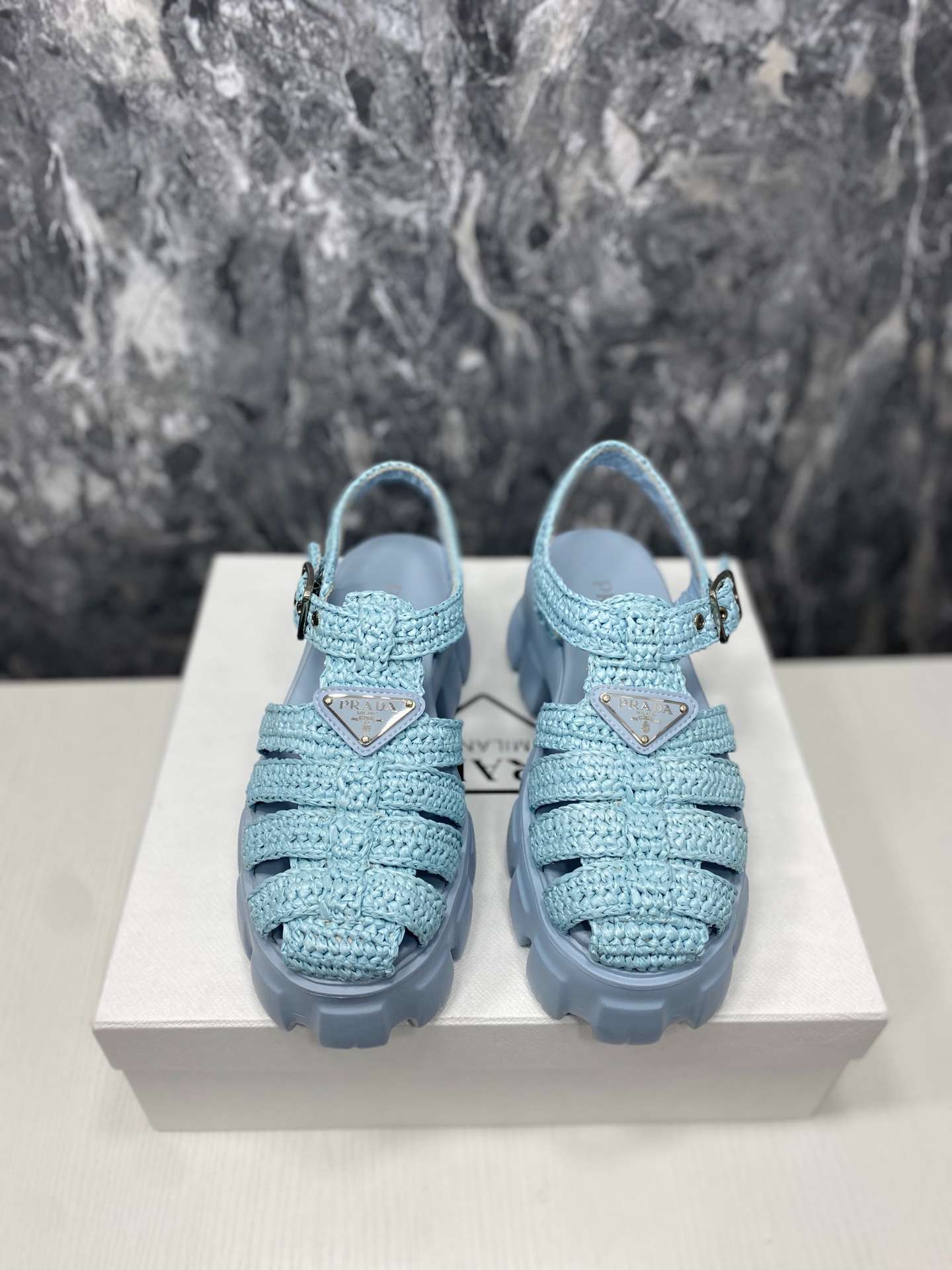 Pra*a Monolith Crochet Cage Sandals Blue For Women