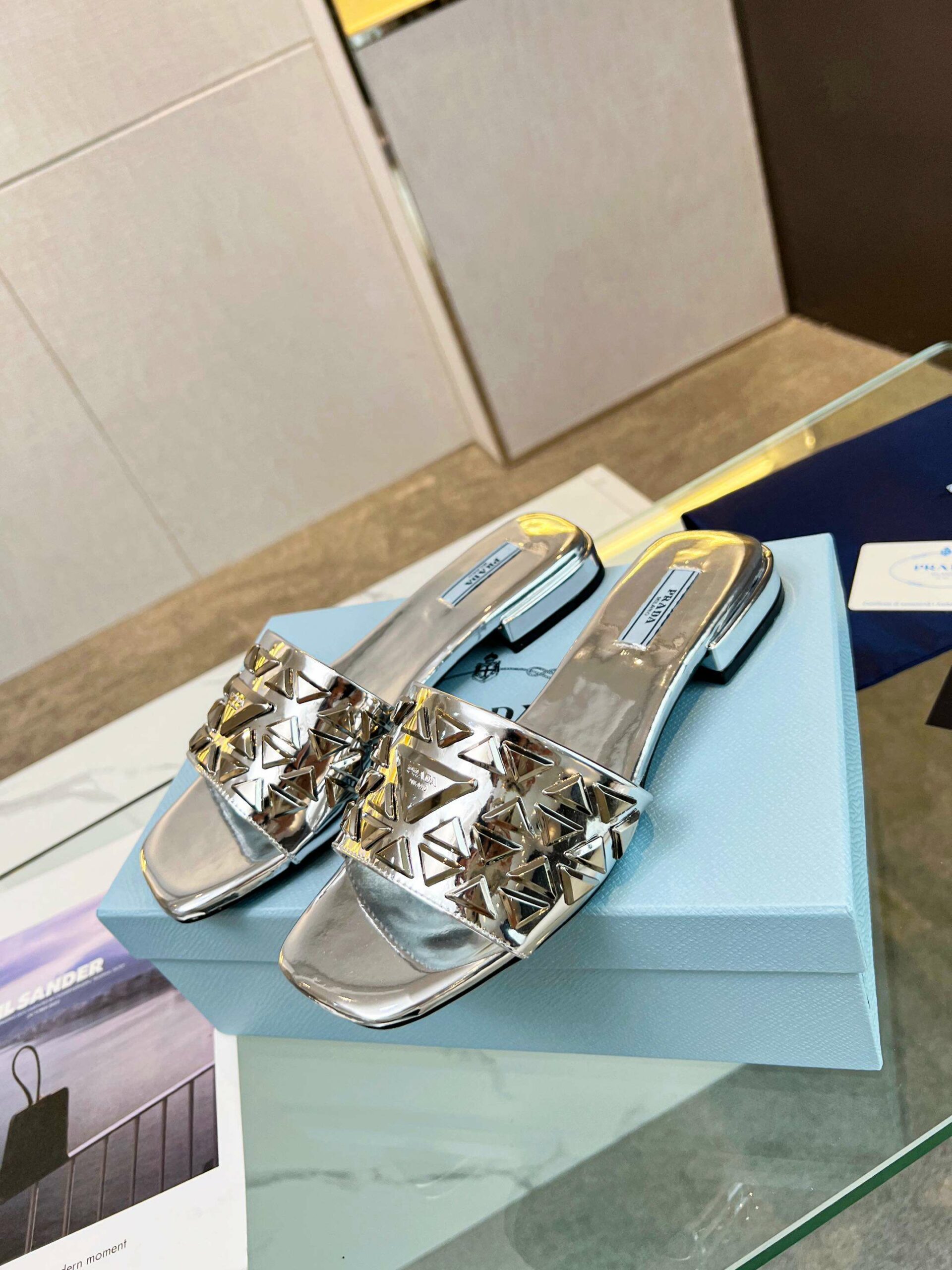 Pra*a Nappa Slides Silver For Women