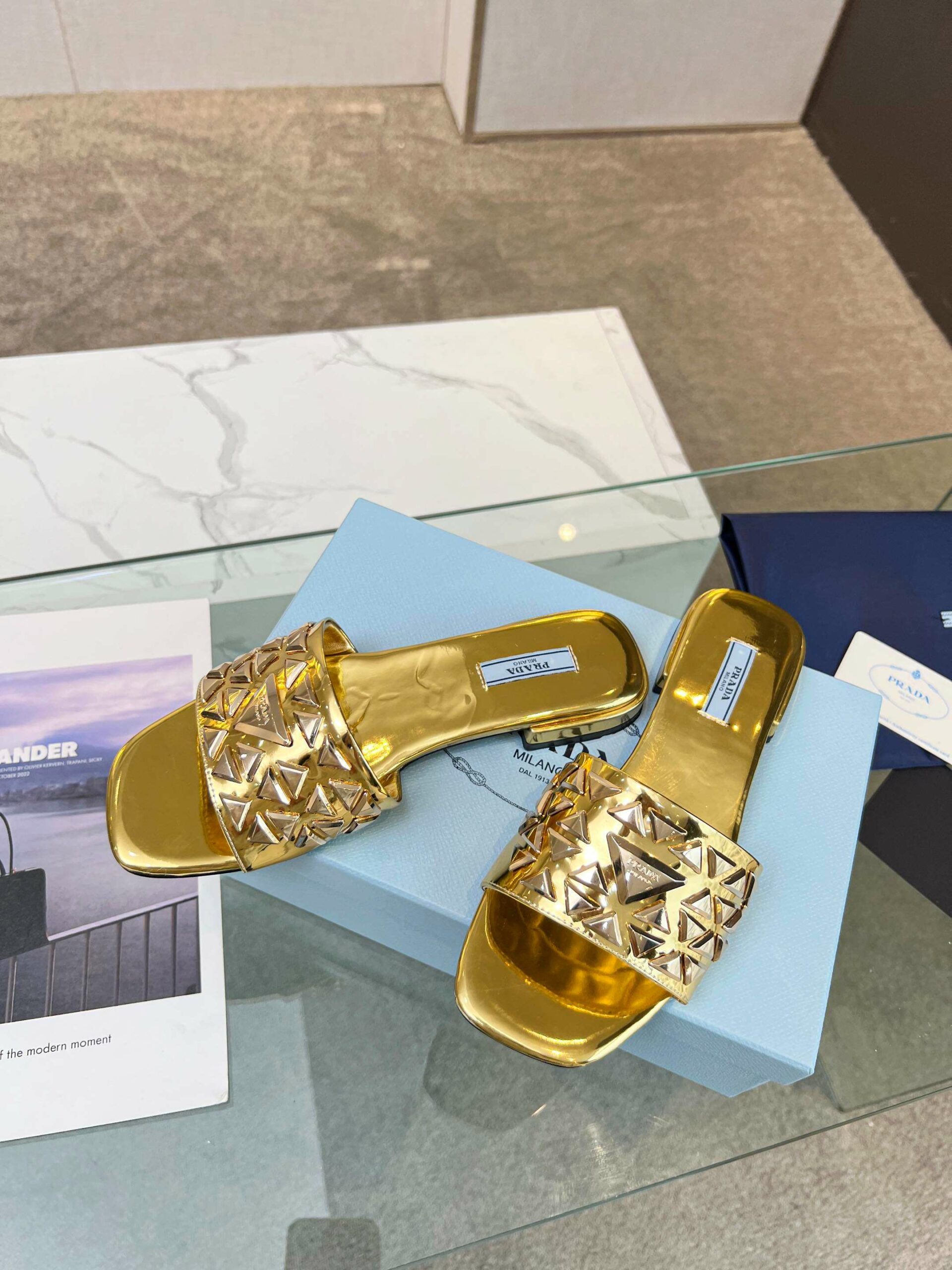 Pra*a Nappa Slides Gold For Women