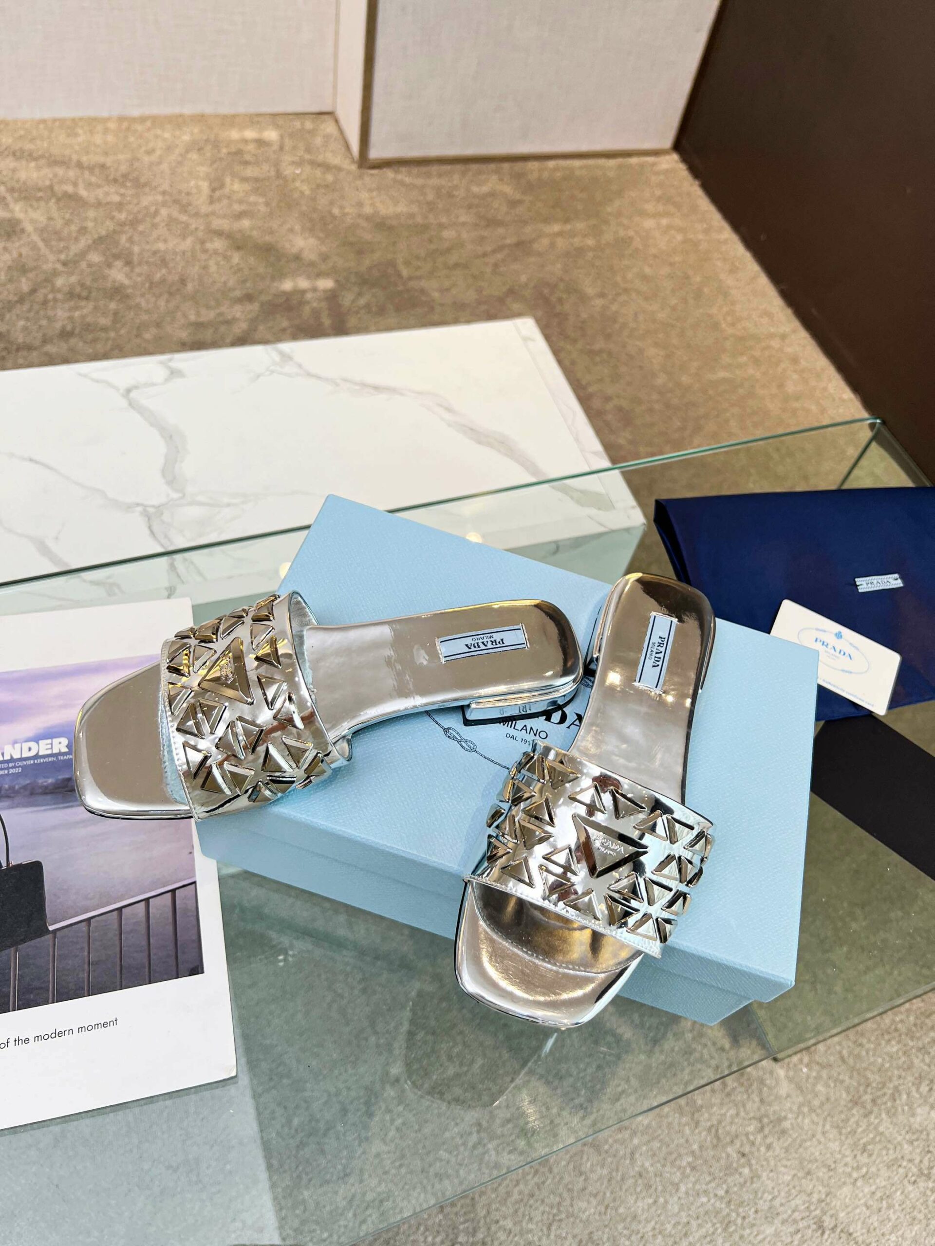 Pra*a Nappa Slides Silver For Women