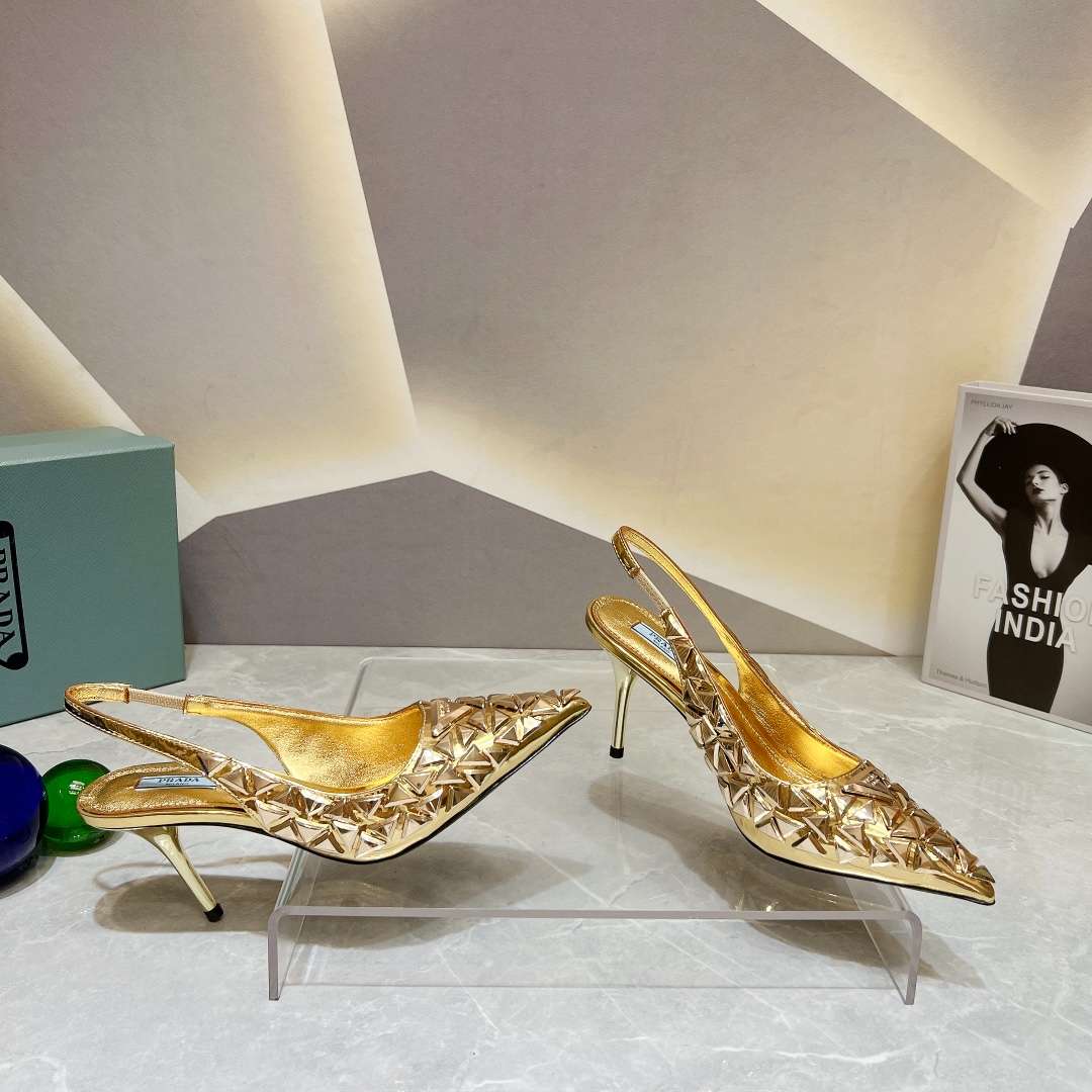 Pra*a Slingback Spike Pumps Gold For Women