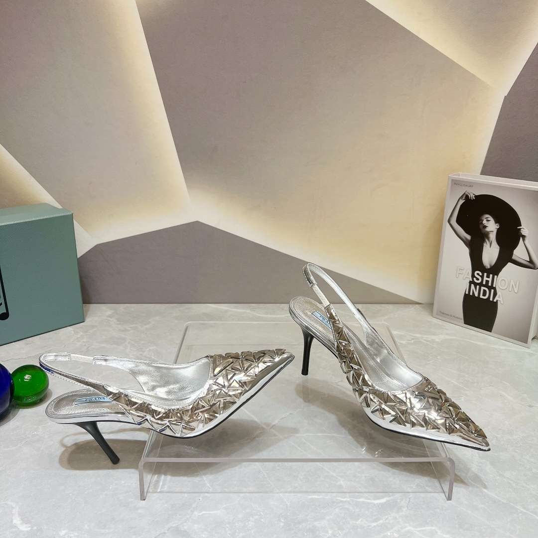 Pra*a Slingback Spike Pumps Silver For Women