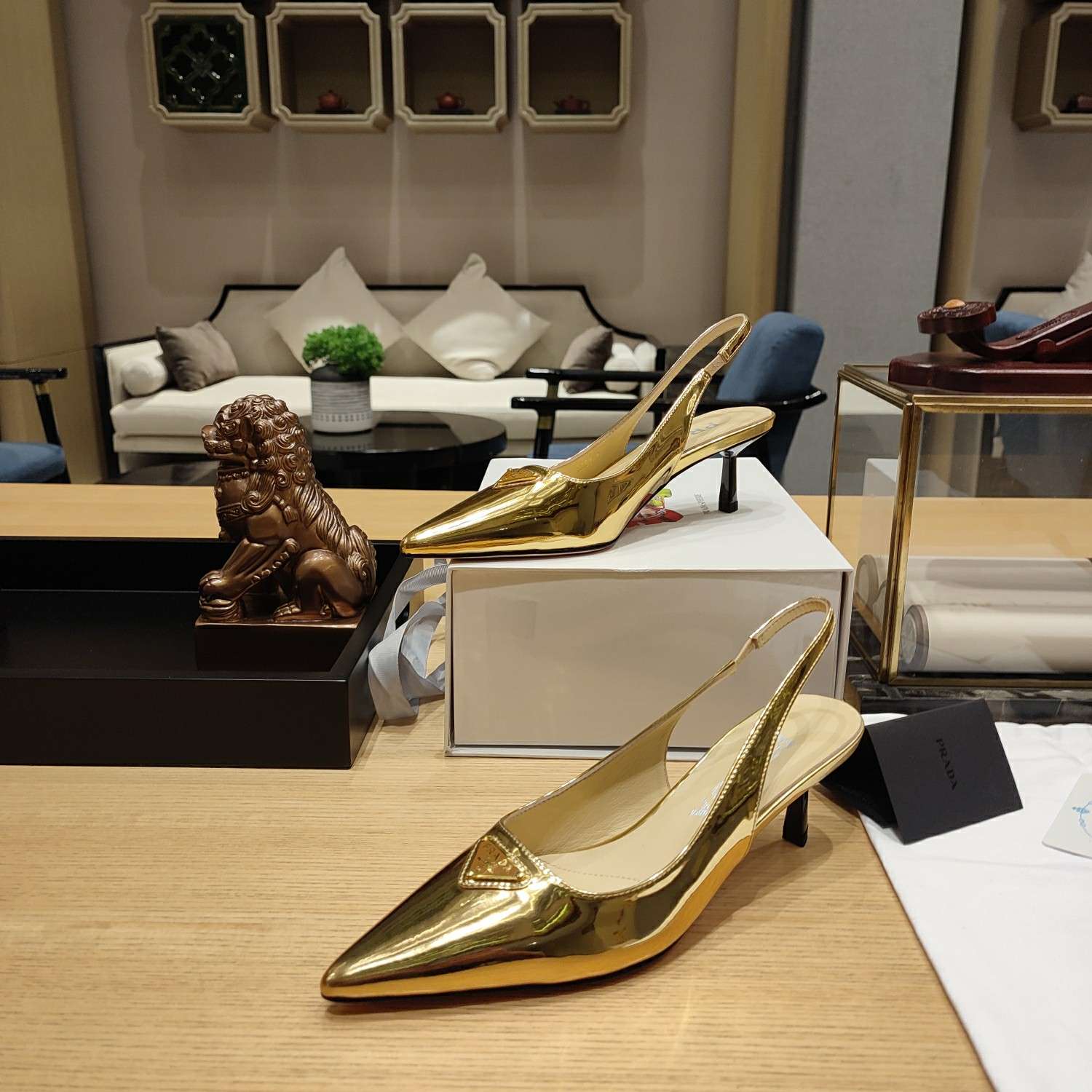 Pra*a Slingback Spike Pumps Gold For Women