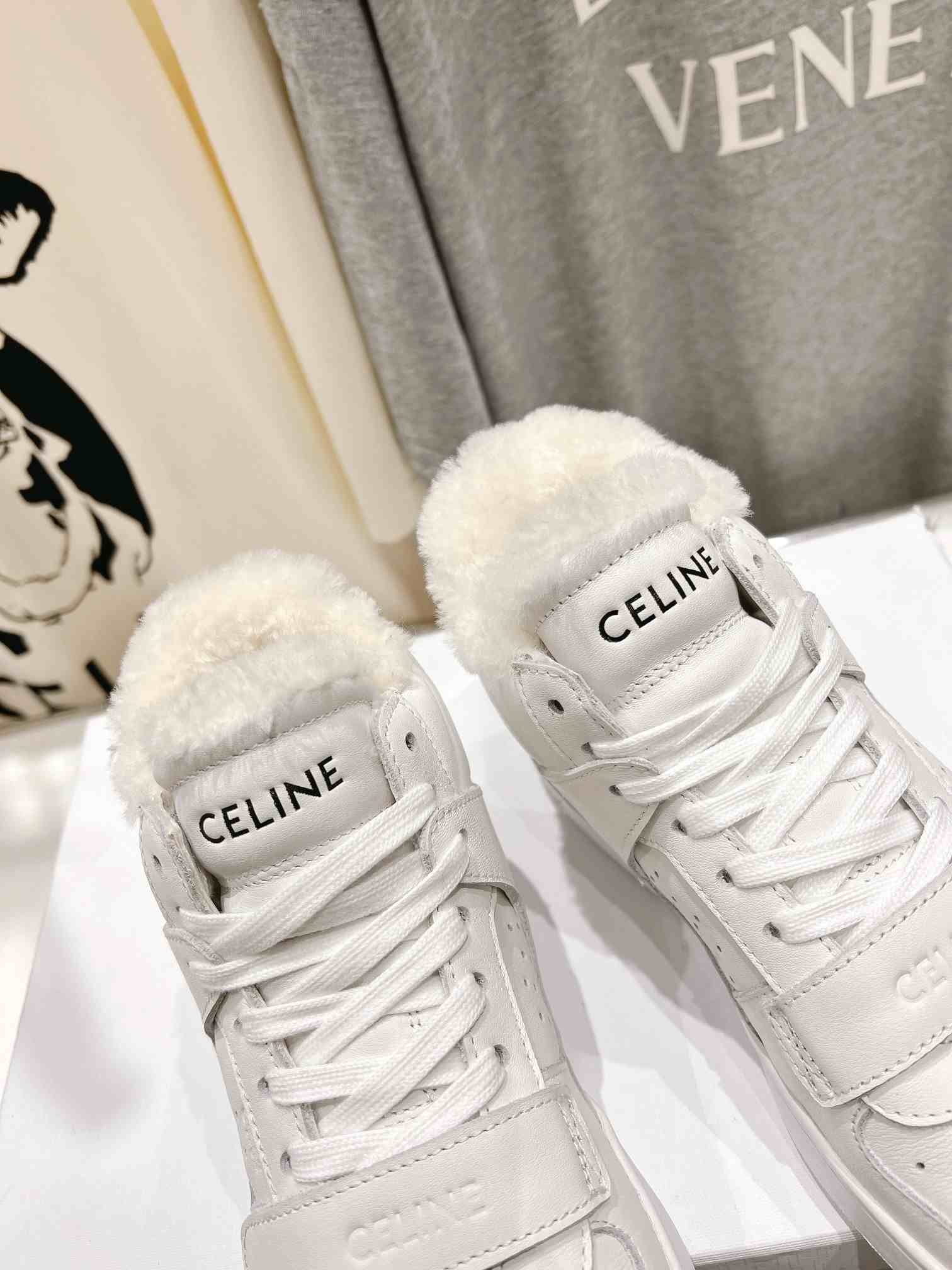 Ce1i*e Block Sneakers With Wedge Outsole With Fur White For Women