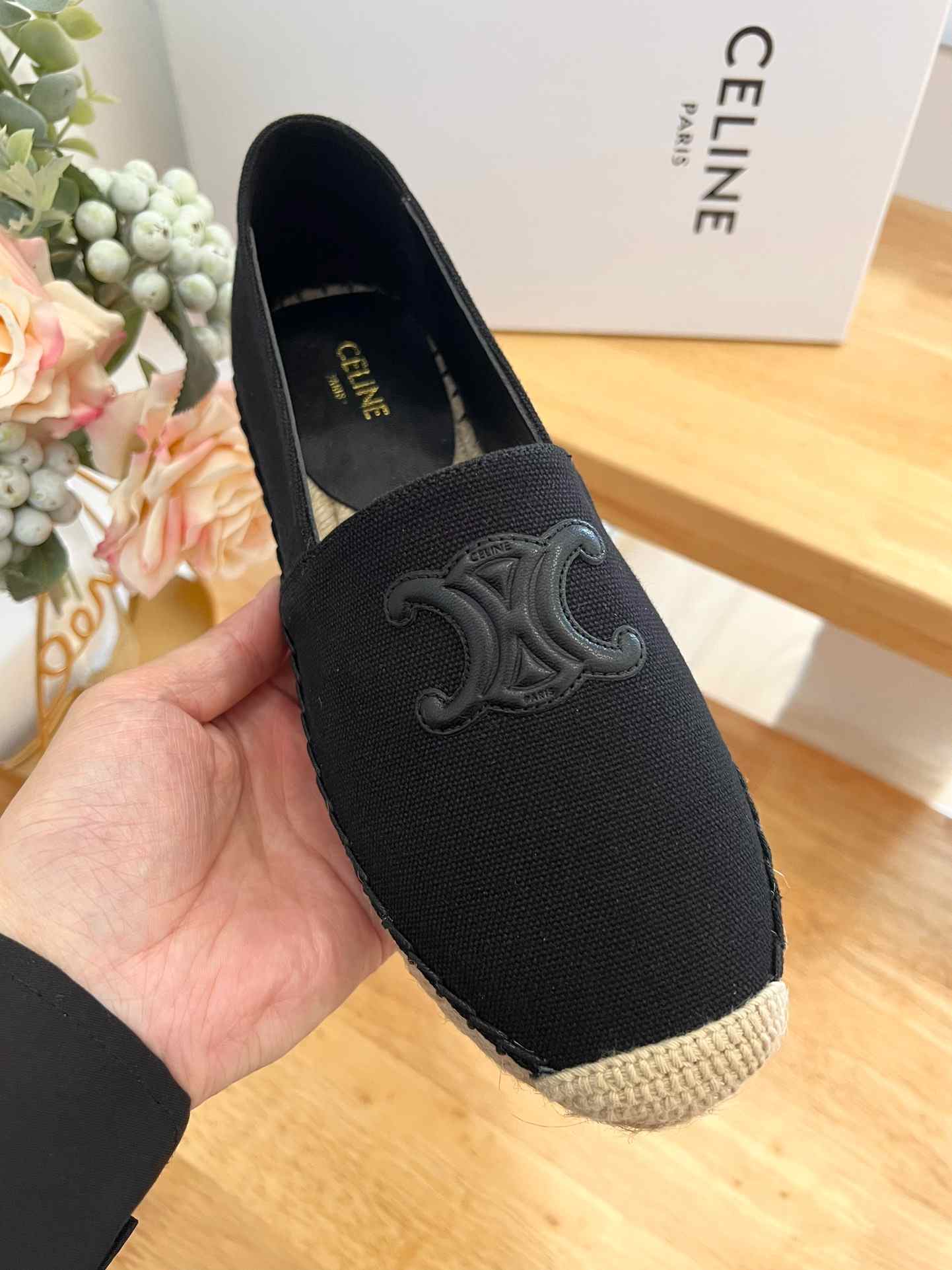 Ce1i*e Flat Espadrille With Triomphe Patch Signature In Tweed Black For Women