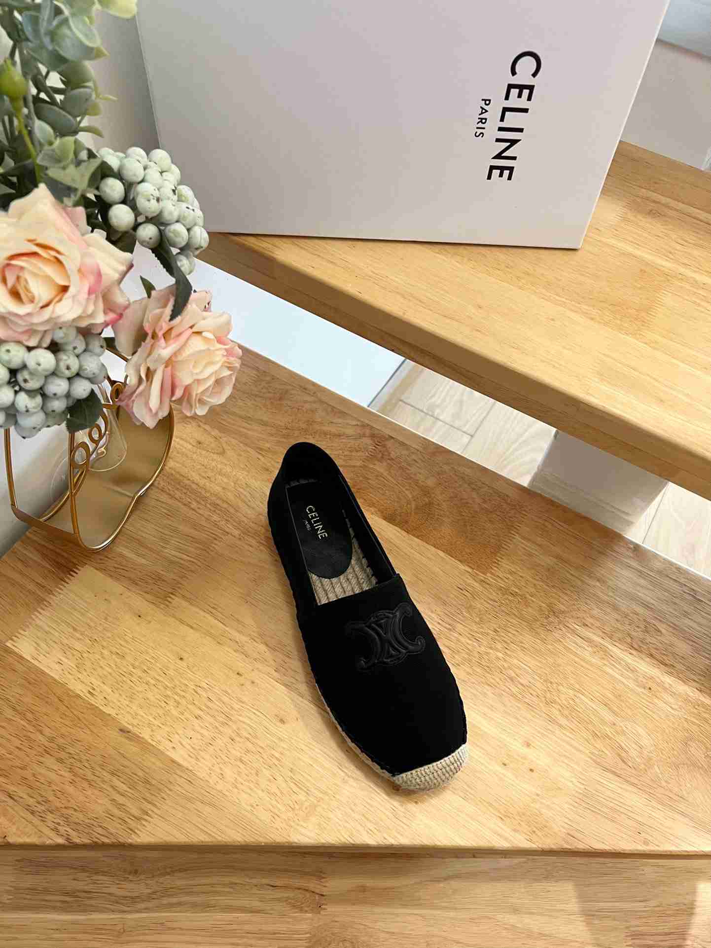 Ce1i*e Flat Espadrille With Triomphe Patch Signature In Tweed Black For Women