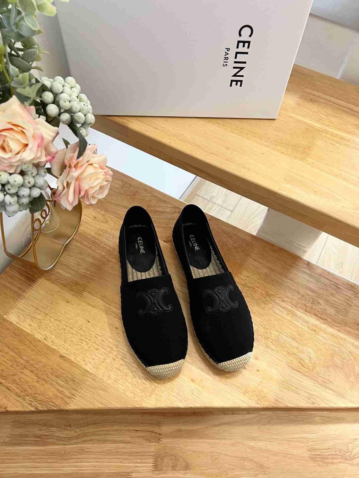 Ce1i*e Flat Espadrille With Triomphe Patch Signature In Tweed Black For Women