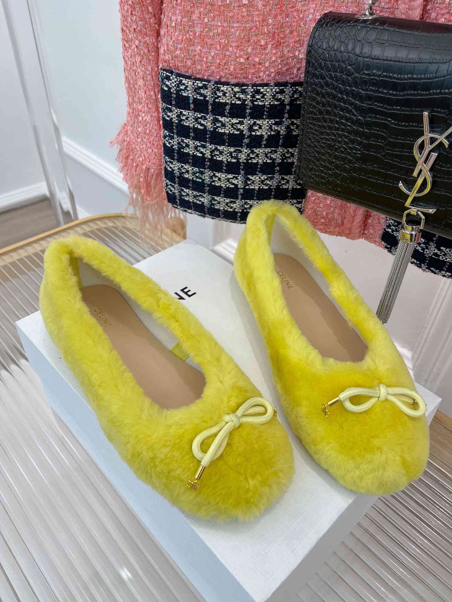 Ce1i*e Les Ballerines Ce1i*e Ballerina With Triomphe Laces And Fur Yellow For Women