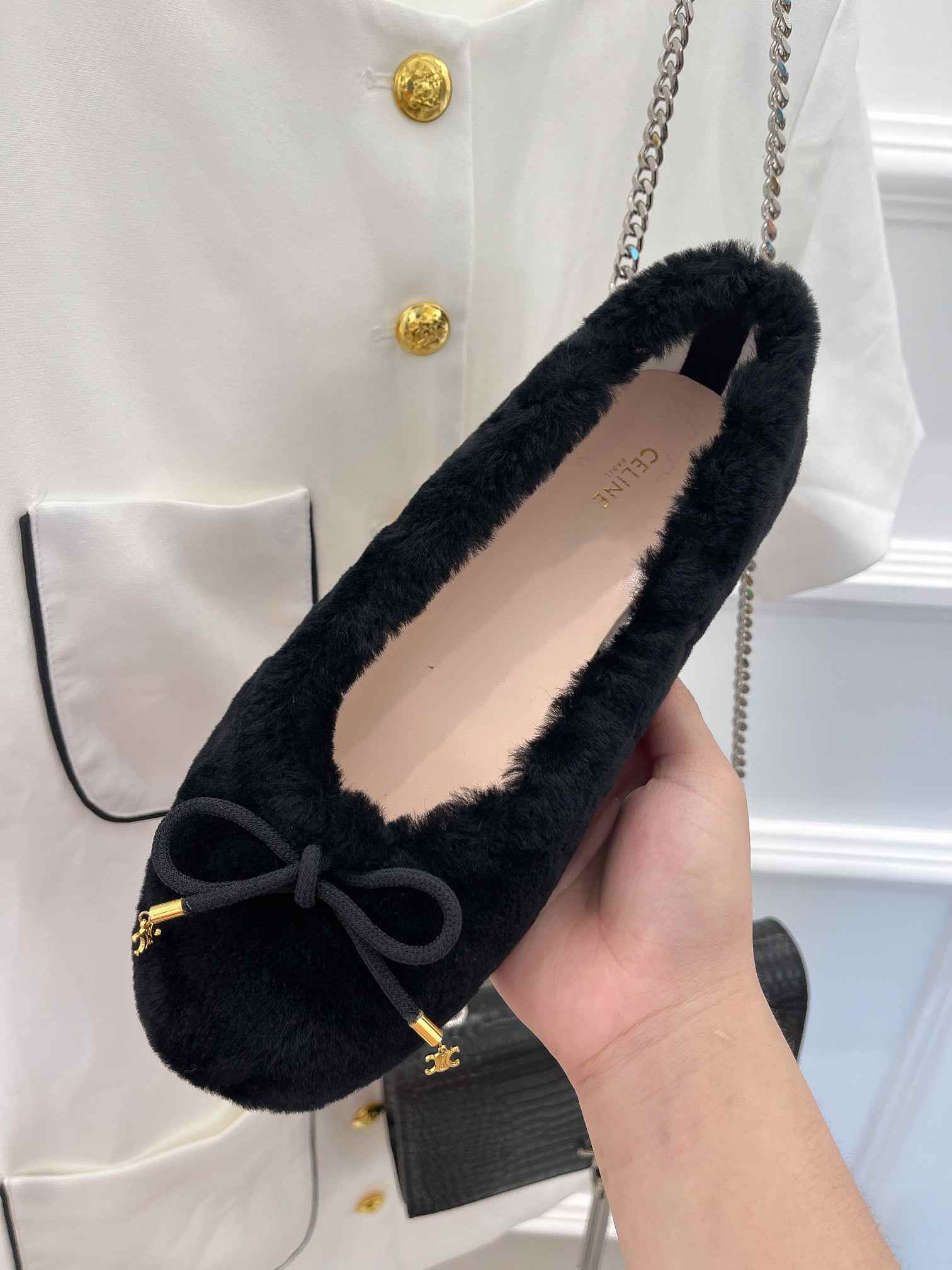 Ce1i*e Les Ballerines Ce1i*e Ballerina With Triomphe Laces And Fur Black For Women