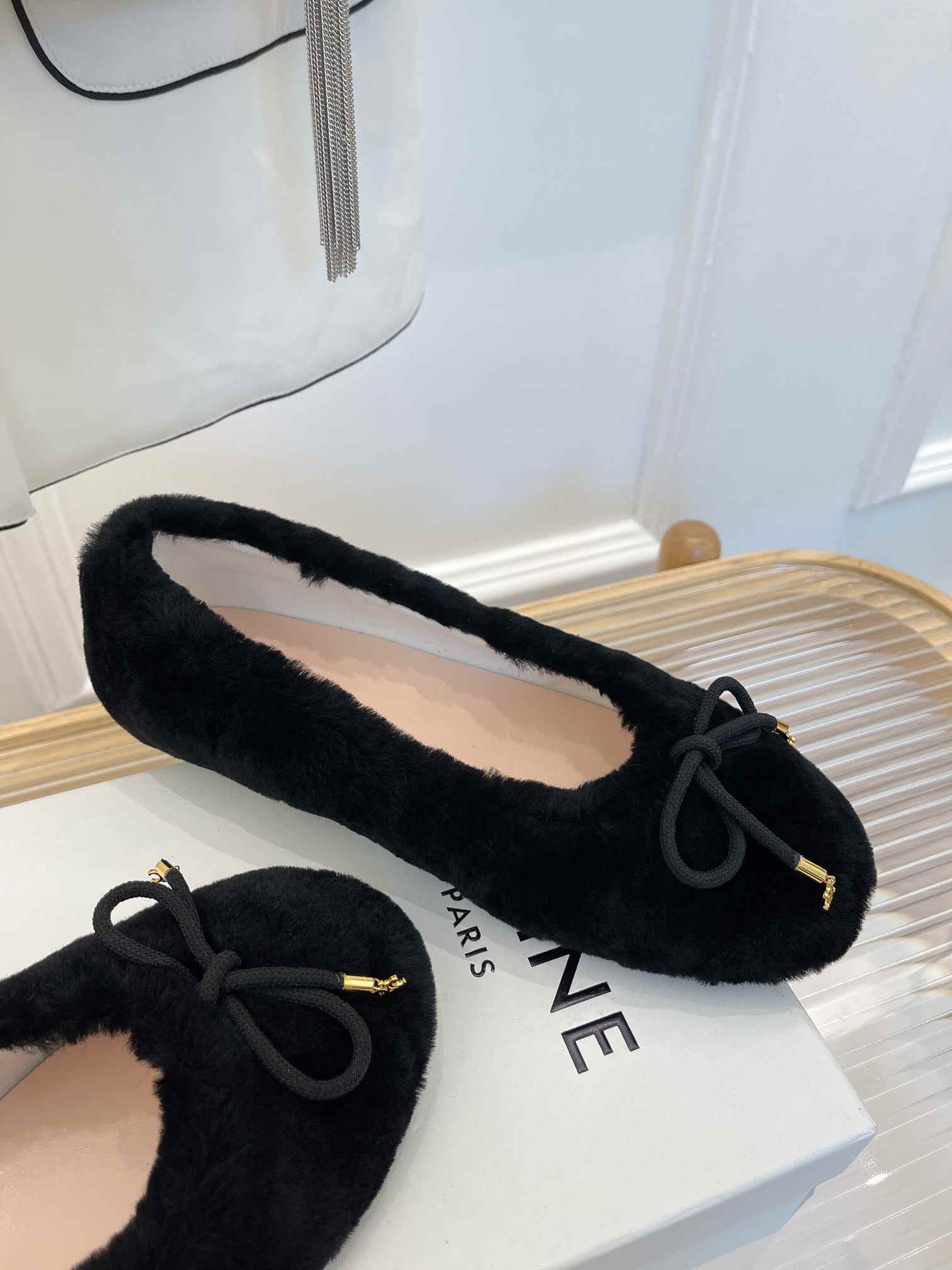 Ce1i*e Les Ballerines Ce1i*e Ballerina With Triomphe Laces And Fur Black For Women