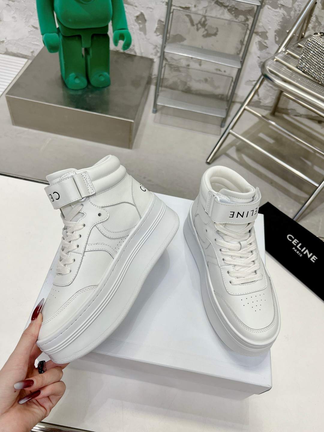 Ce1i*e Mid Block Sneakers With Velcro And Wedge White For Women 352163338C.01OP