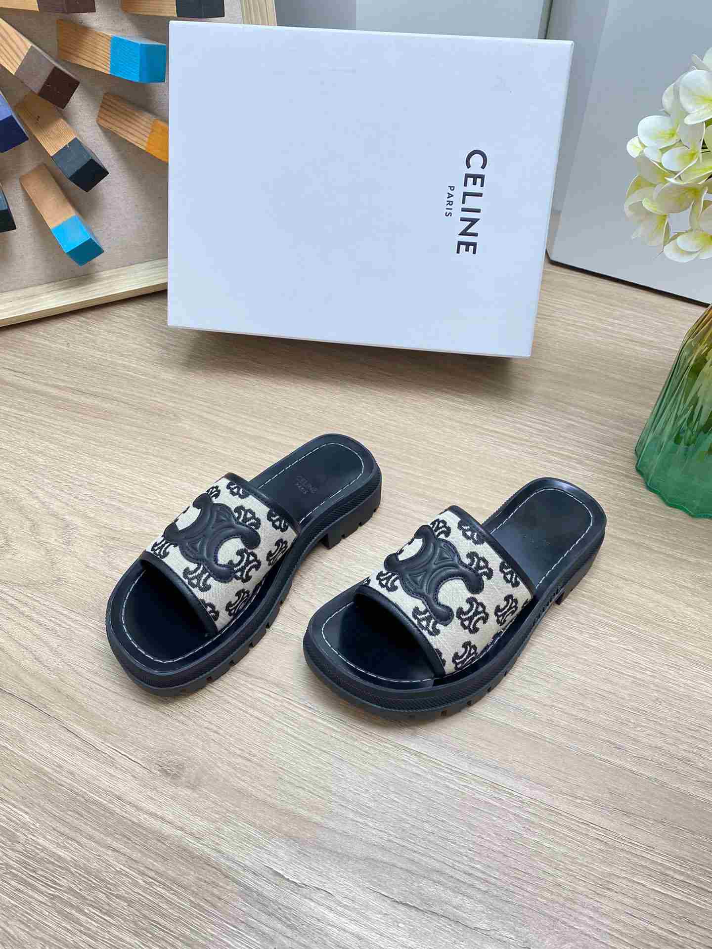 Ce1i*e Triomphe Slide In Triomphe Stamped Canvas Black For Women