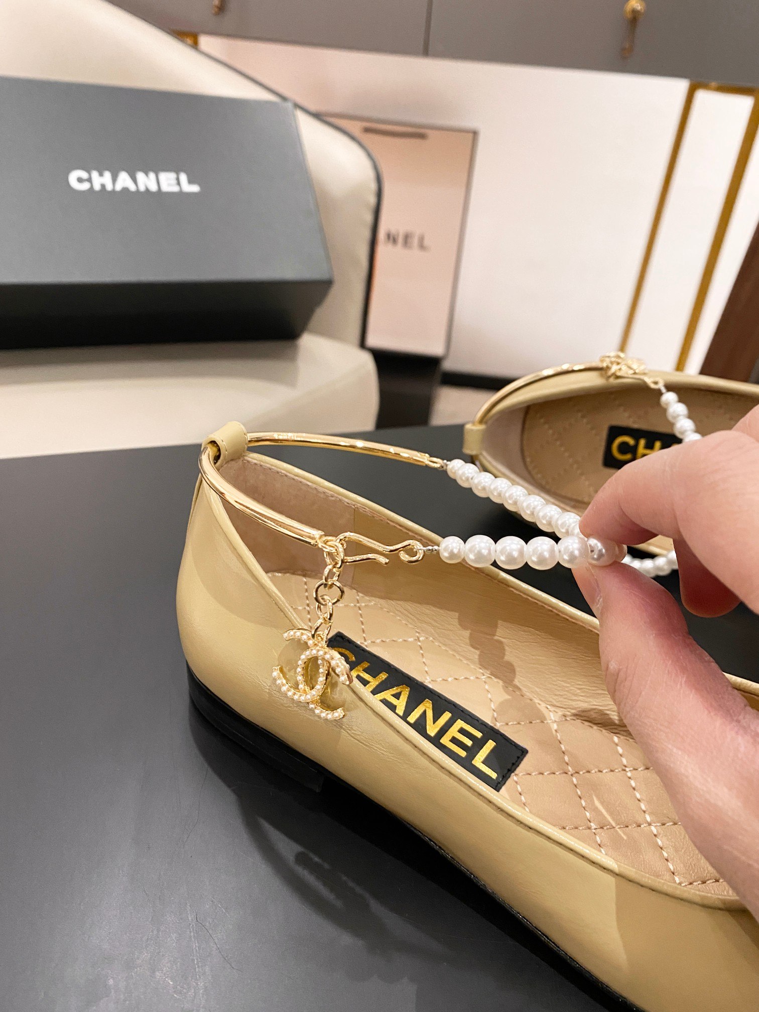 Ch**el Ballerina Logo Shoes Beige For Women