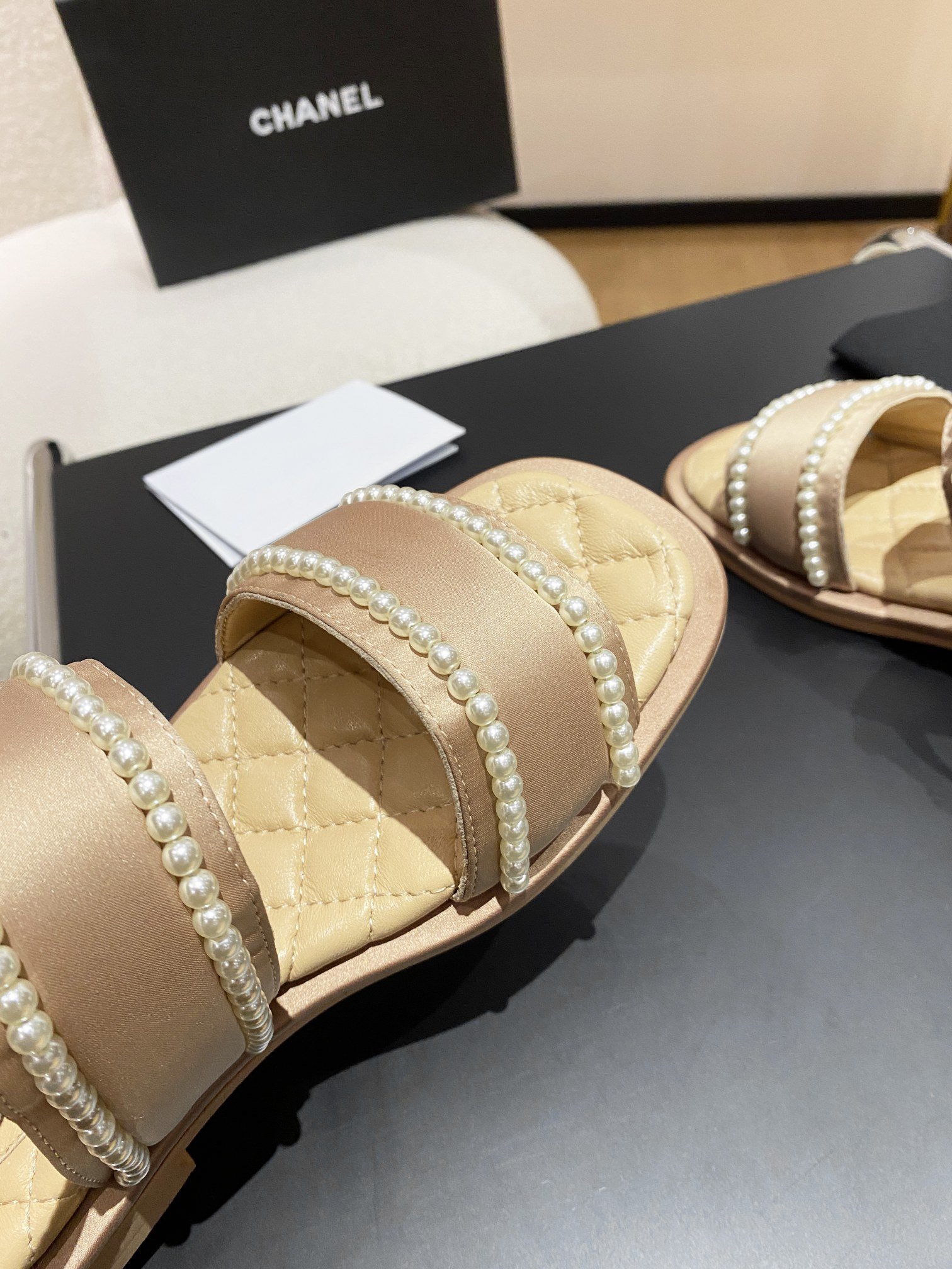 Ch**el Pearl Flat Sandals Brown For Women