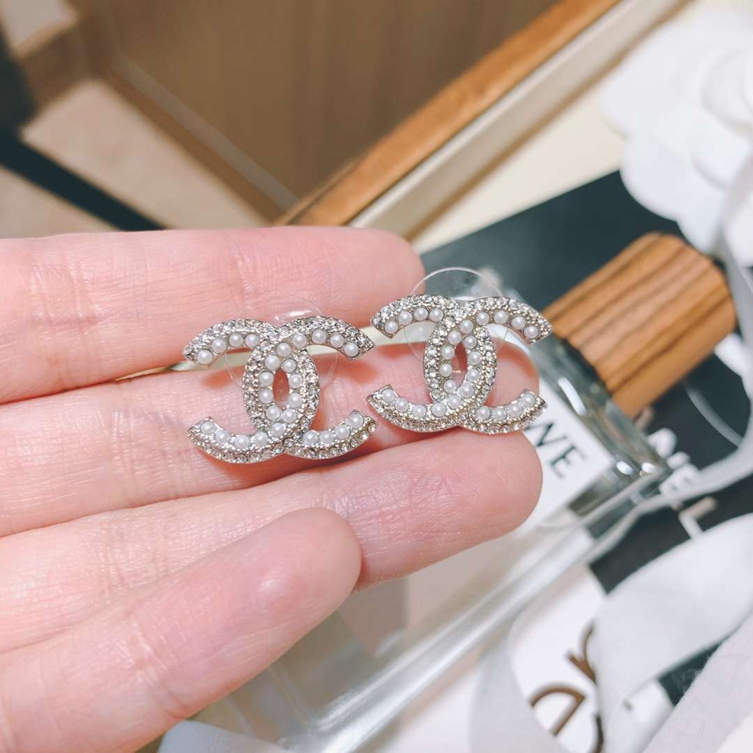 Ch**el Rhinestone Double C Earrings Silver For Women