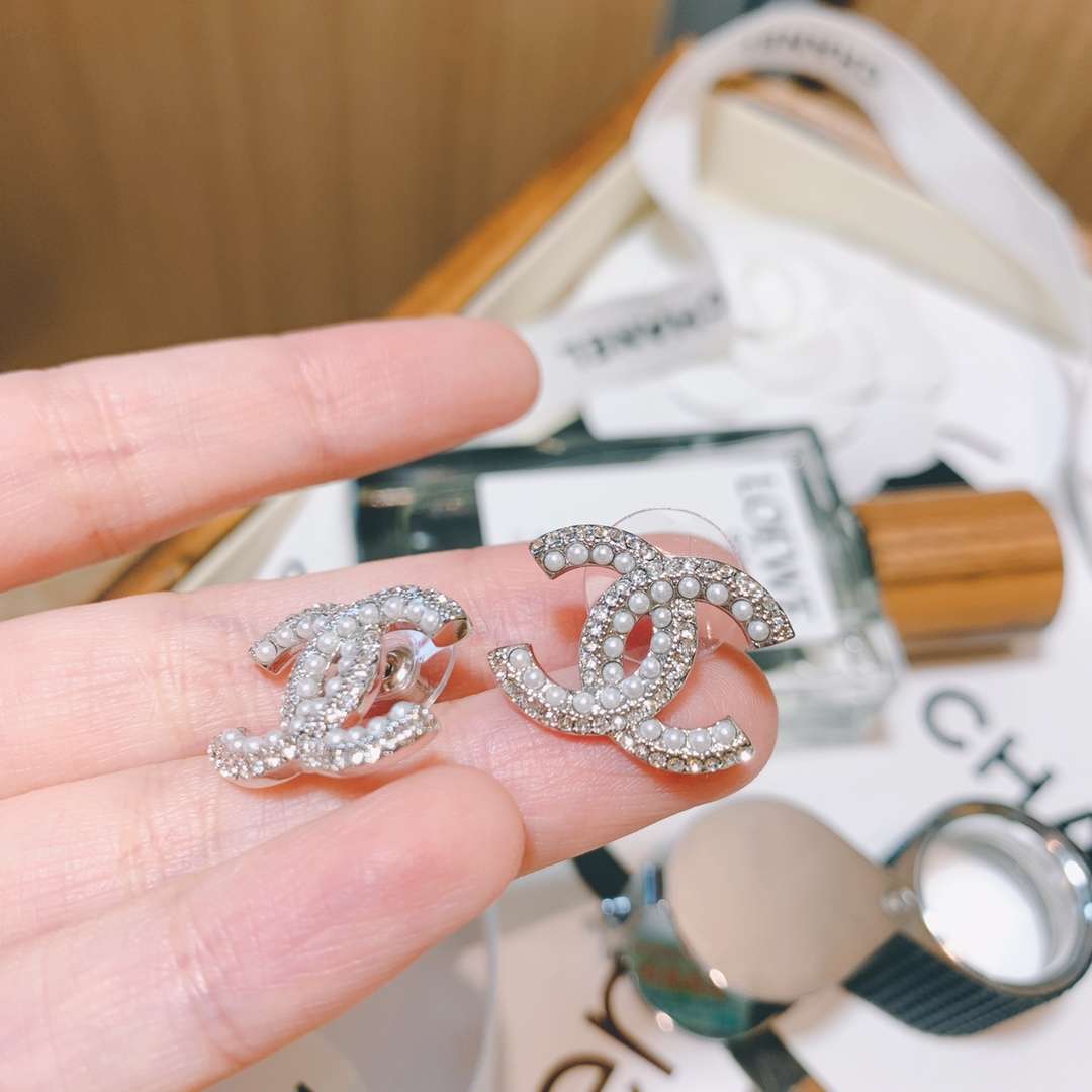 Ch**el Rhinestone Double C Earrings Silver For Women