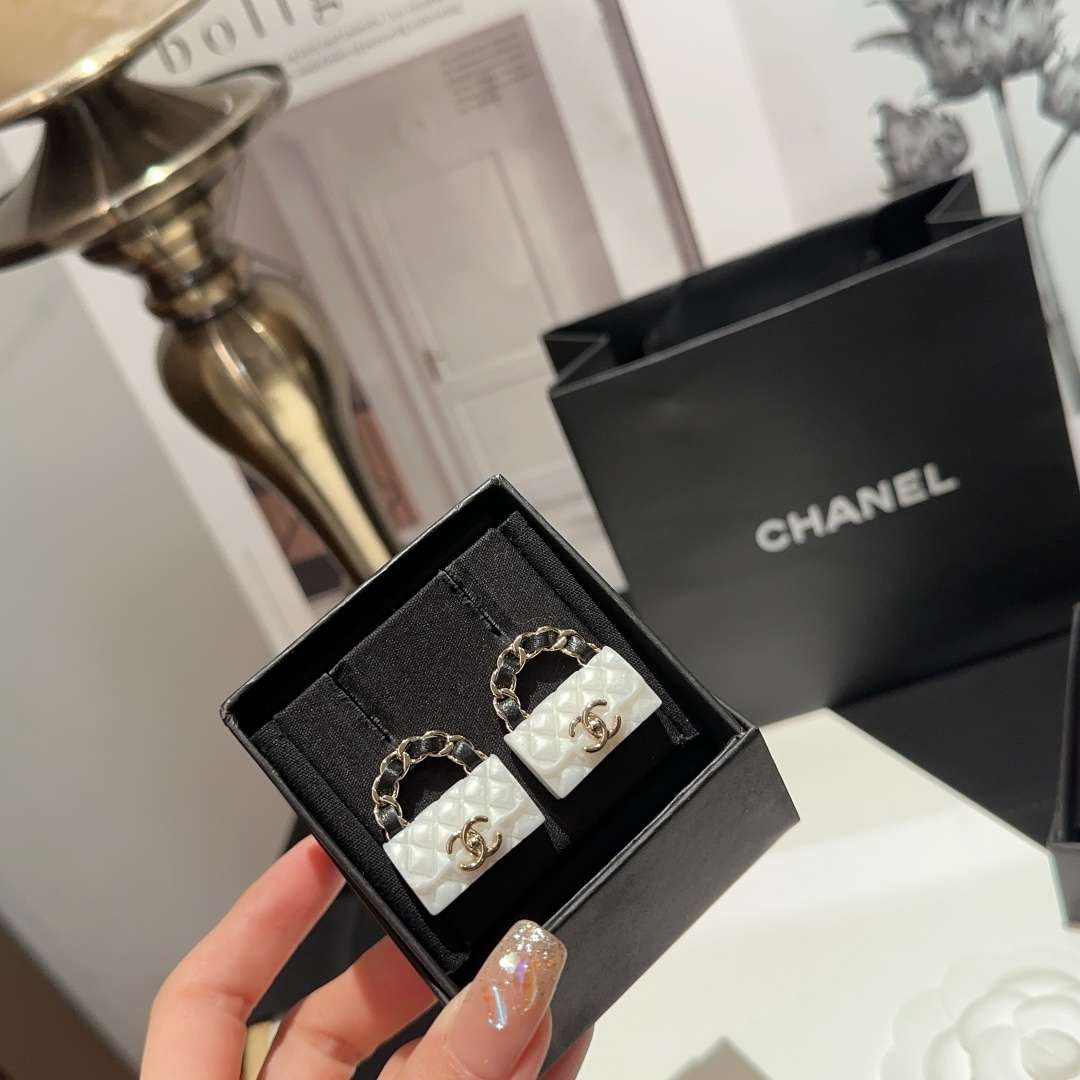 Ch**el Rhombus CF Earrings White For Women