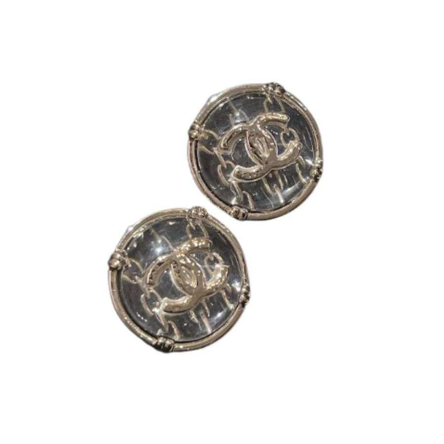 Ch**el Round Button Plastic Earrings Silver For Women