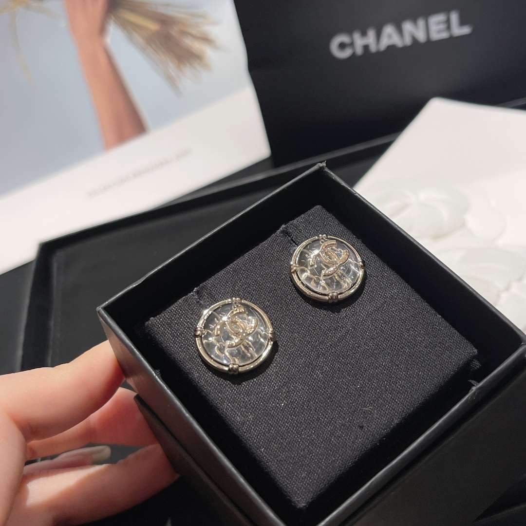 Ch**el Round Button Plastic Earrings Silver For Women